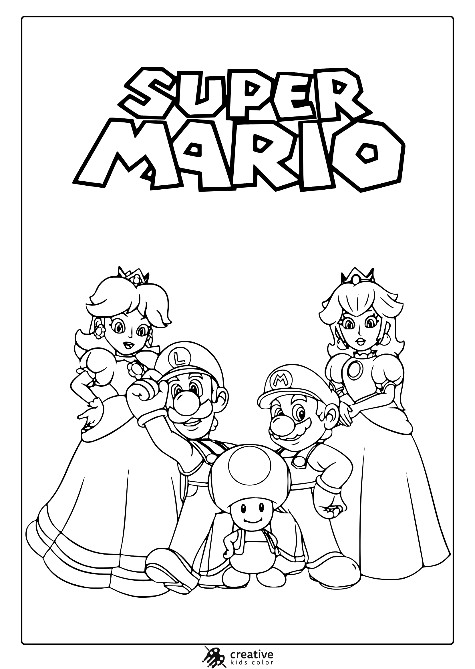 Coloring Page With Mario, Peach, Toad, And Toadstool In A Group Pose, Perfect For Fans Of Super Mario Characters.