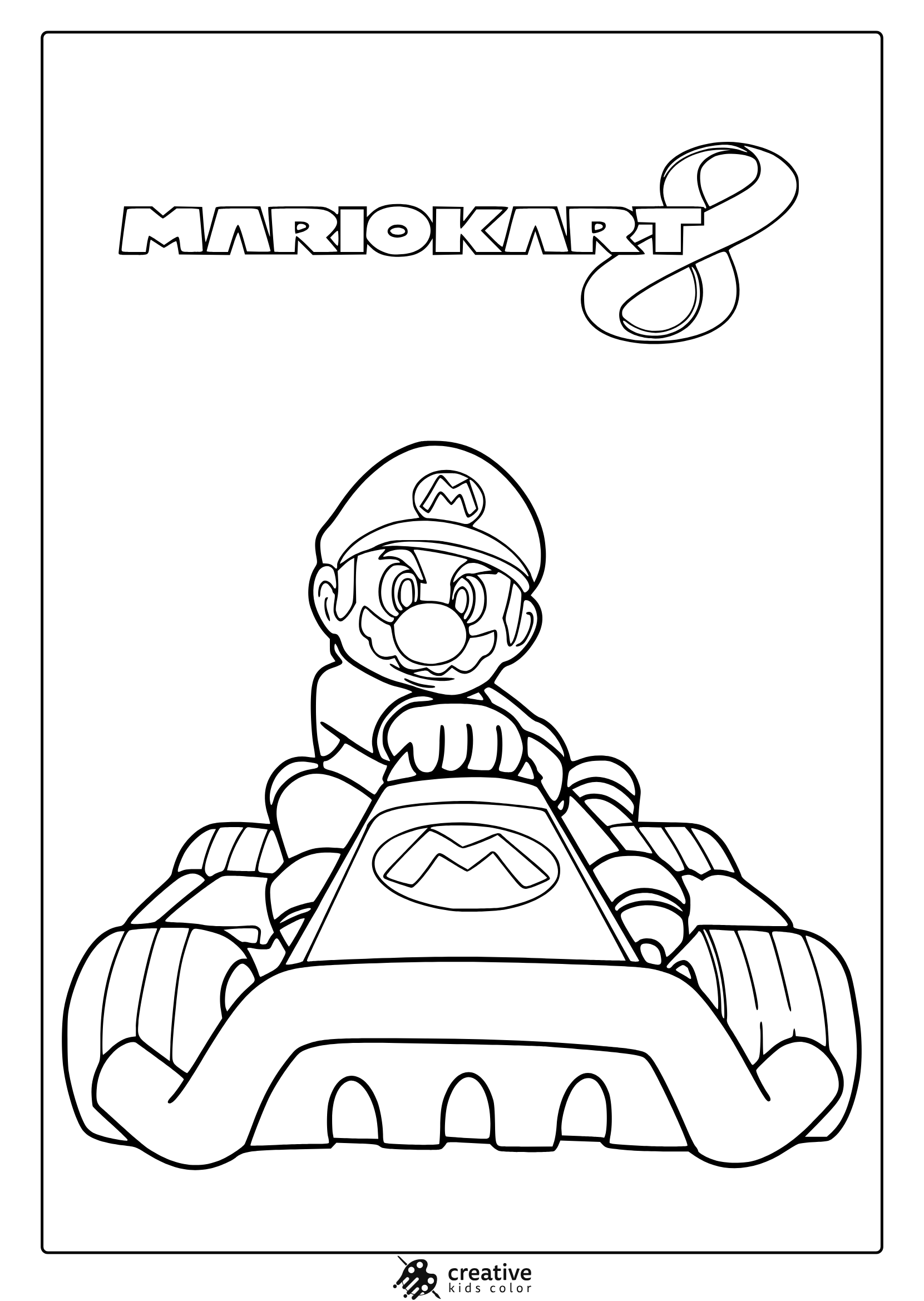 Coloring Page With Mario Riding His Kart From Mario Kart, Full Of Bold Racing Detail.