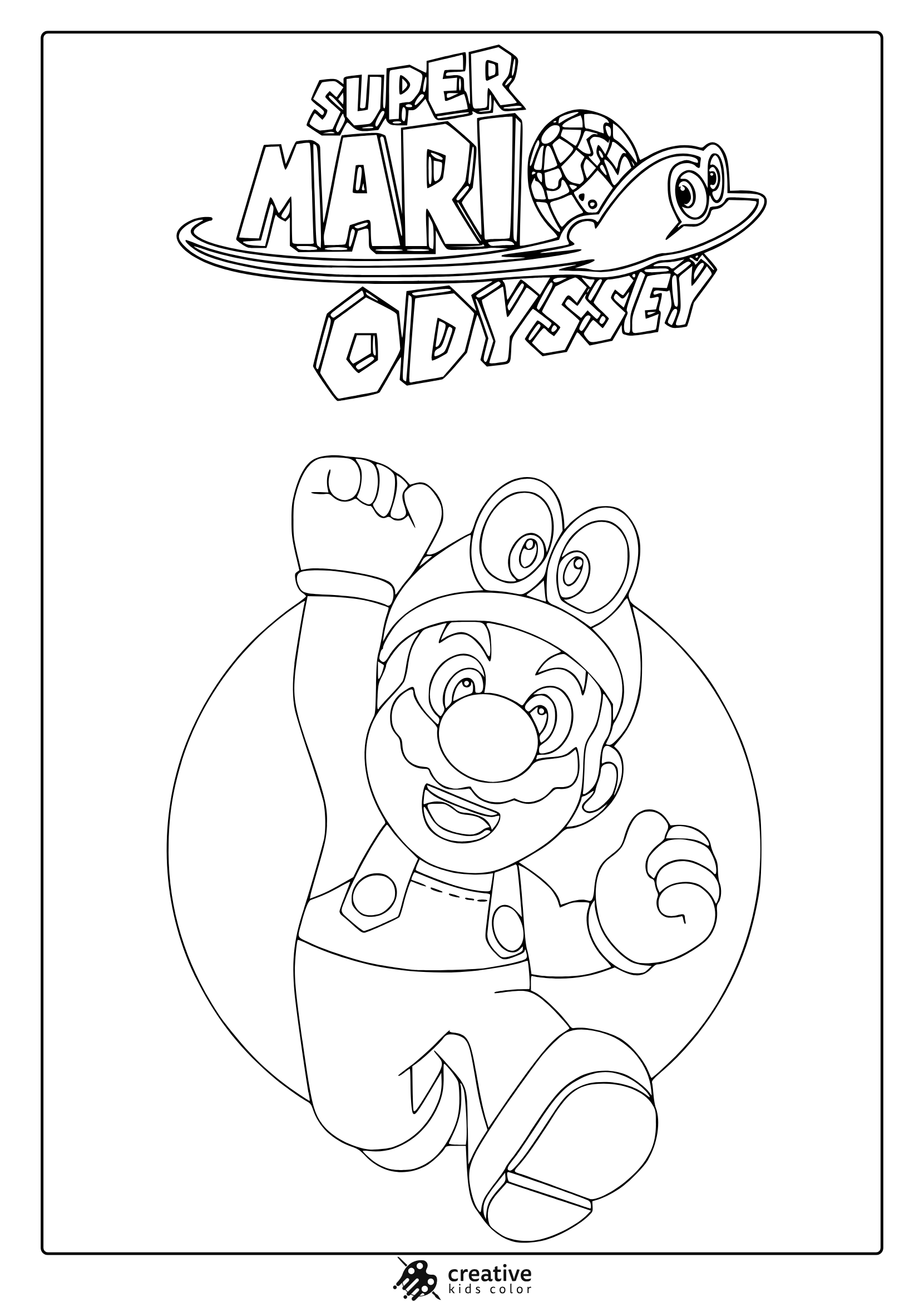 Coloring Page Of Mario From Super Mario Odyssey With Dynamic Pose And Bold Outlines.