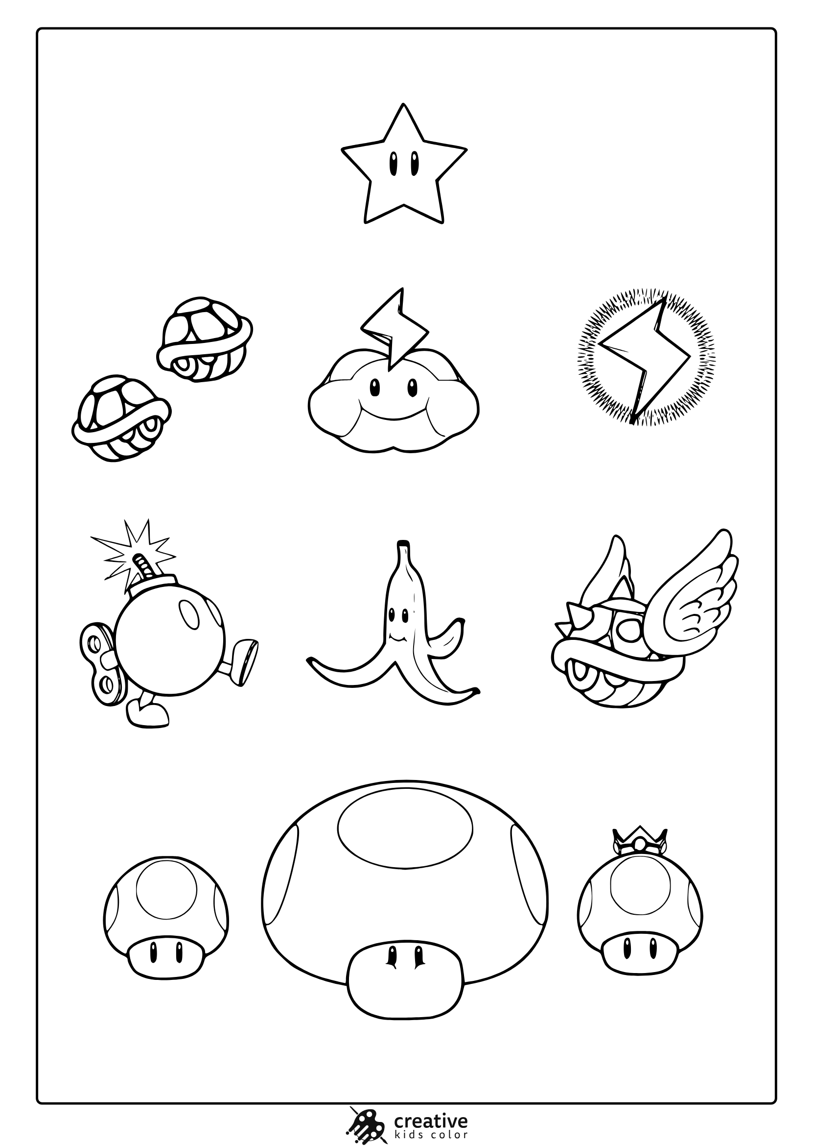 Coloring Page Featuring A Grid Of Mario Power-Ups Like Mushrooms, Stars, And Bombs.