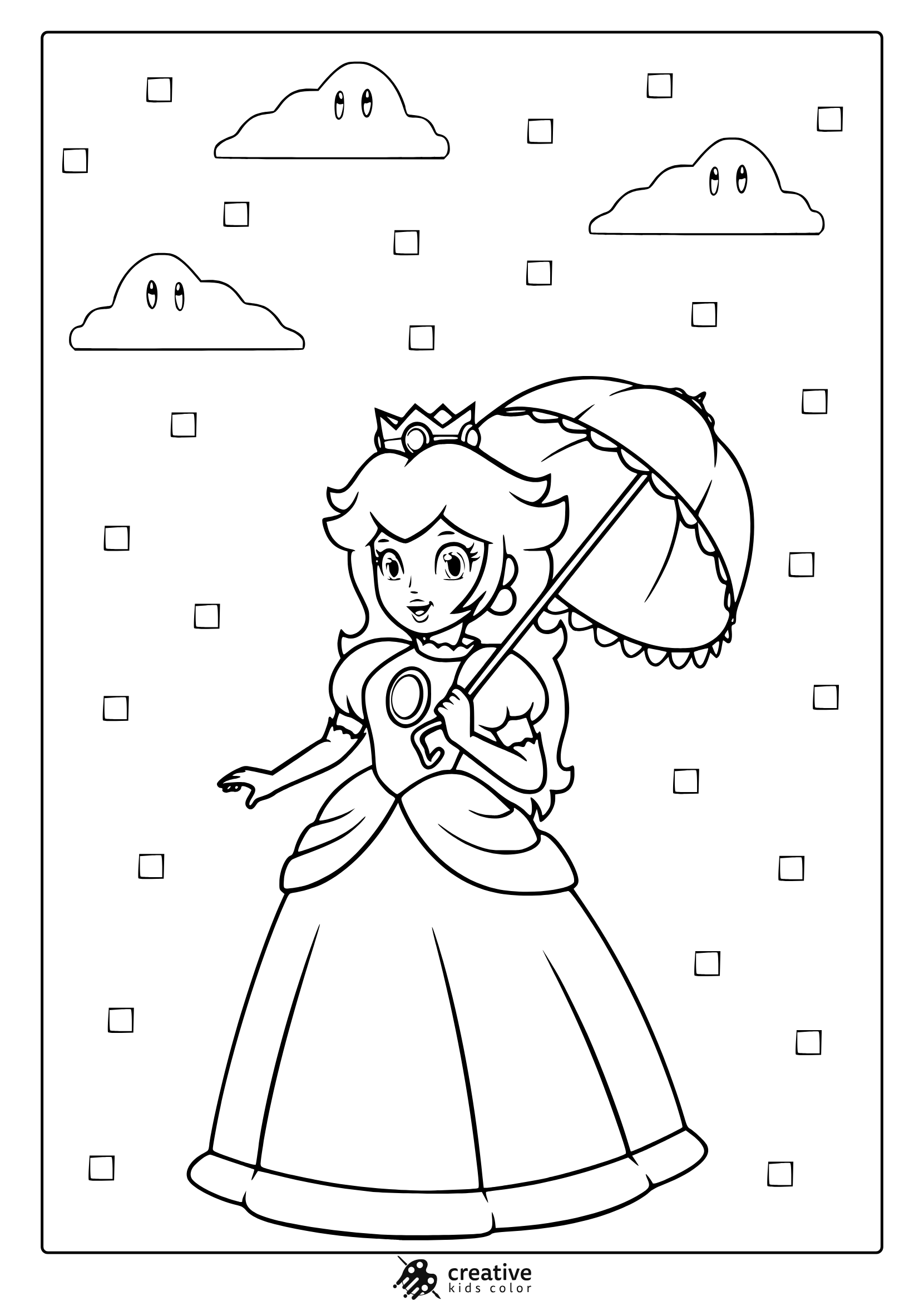 Coloring Page Of Princess Peach With A Parasol And Soft Background Details Like Clouds And Stars.