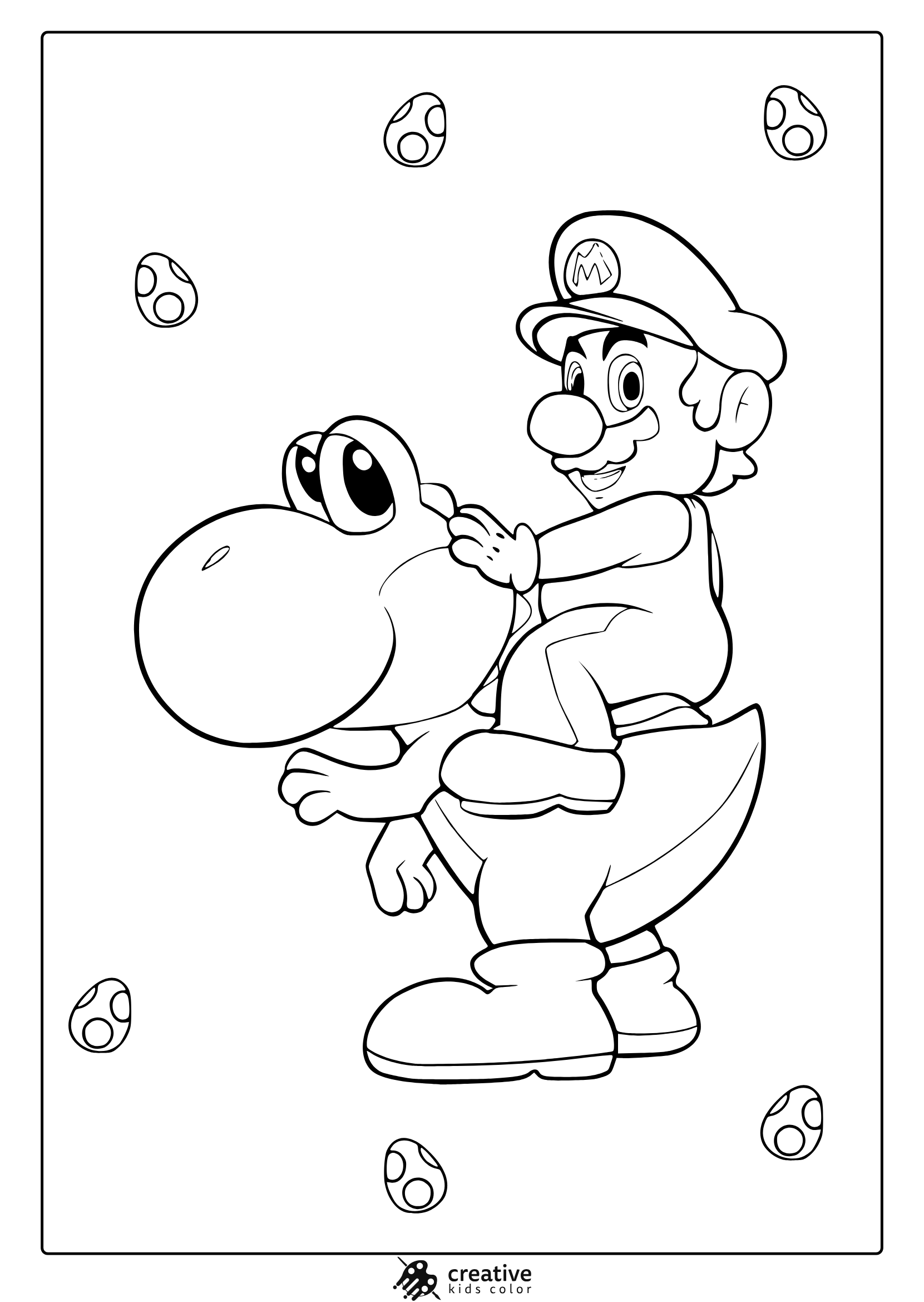 Coloring Page With Mario On Yoshi Inside View With Coins Scattered Around The Characters.