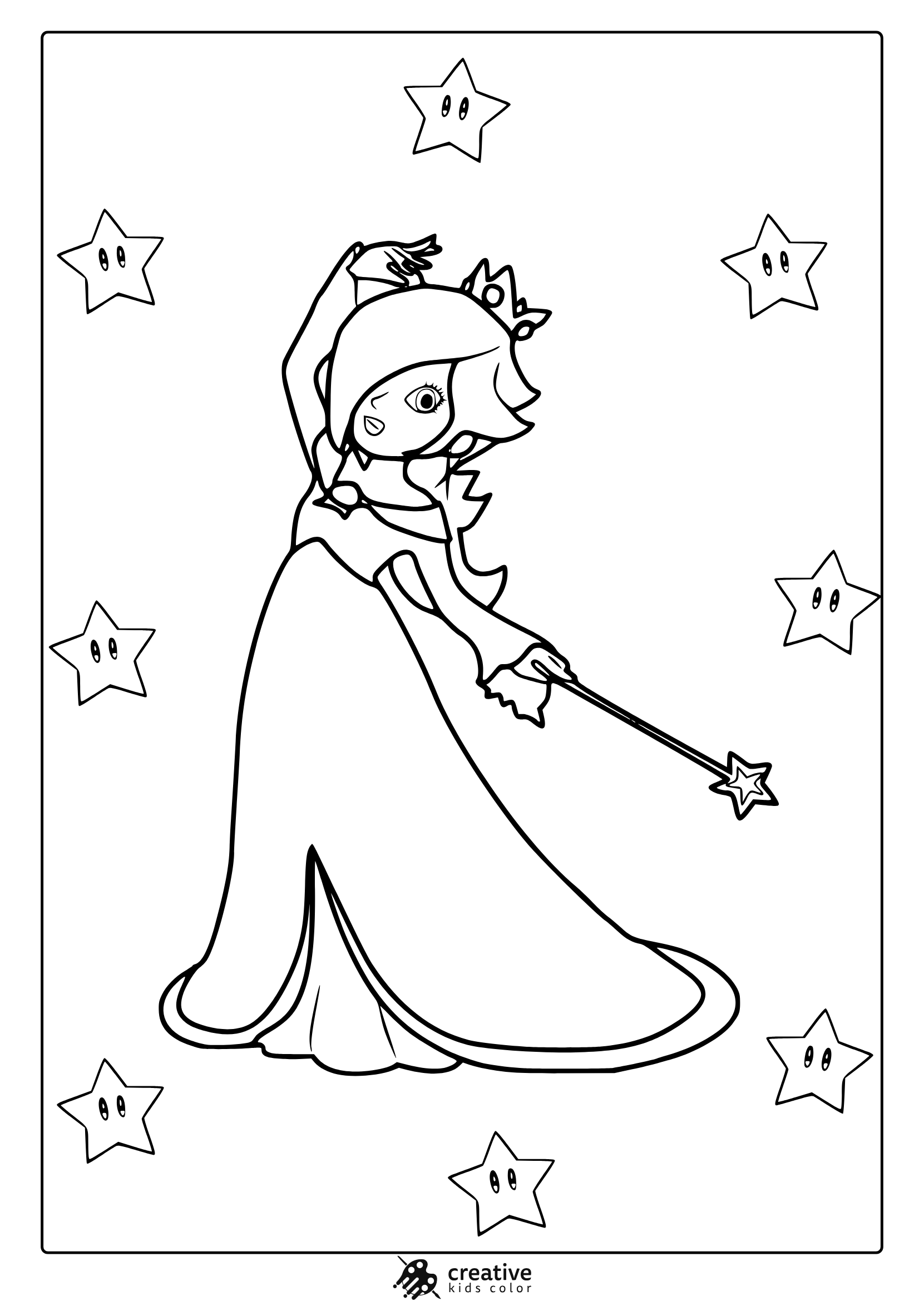 Coloring Page Of Princess Rosalina With Wand And Floating Star Characters In A Dreamy Scene.