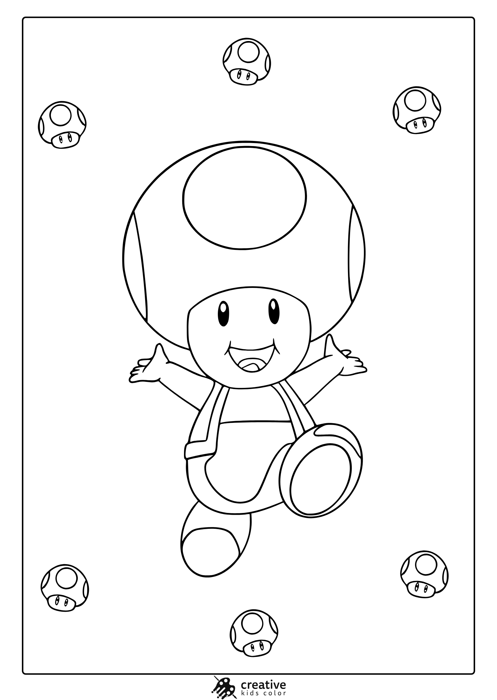 Coloring Page Featuring Toad In Cheerful Pose With Mushroom Characters All Around.