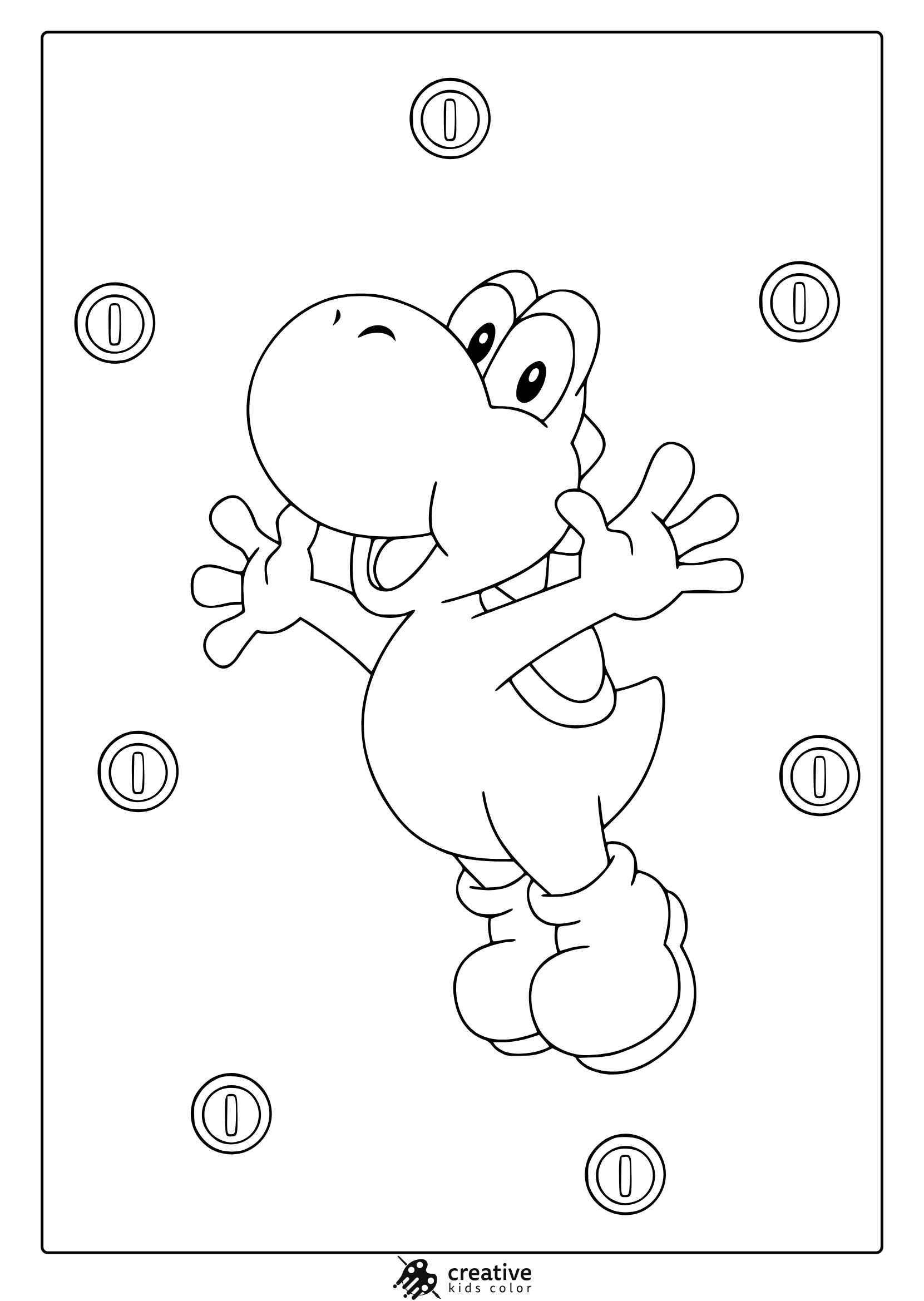 Coloring Page Of Yoshi Jumping Joyfully With Coins From The Mario Universe Around Him.