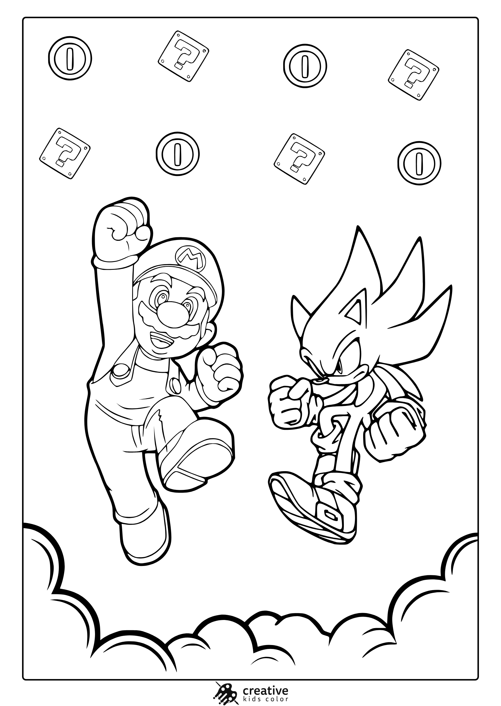 Coloring Page Featuring Mario And Sonic In Fighting Pose With Coins And Question Blocks.