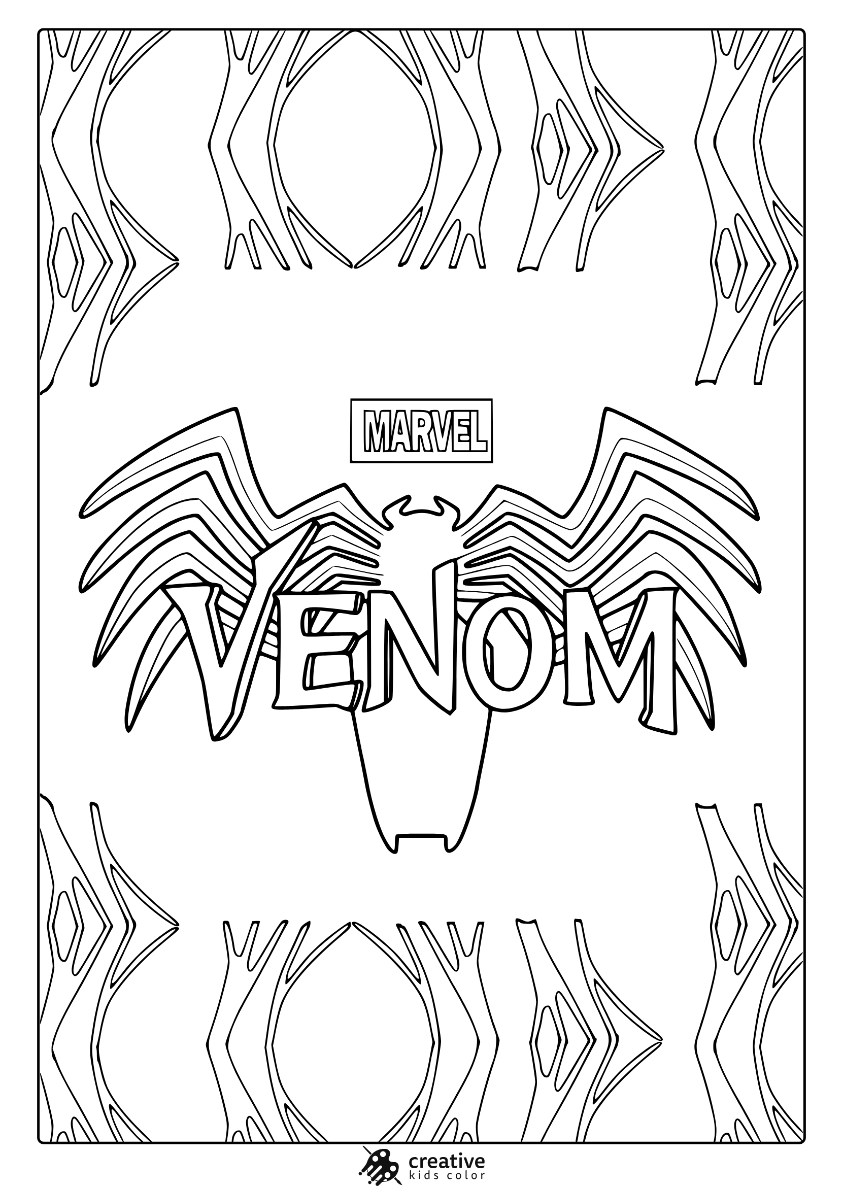 Marvel Venom Logo Coloring Page With Sharp-Edged Lettering And Abstract Pattern Frame For Creative Coloring.