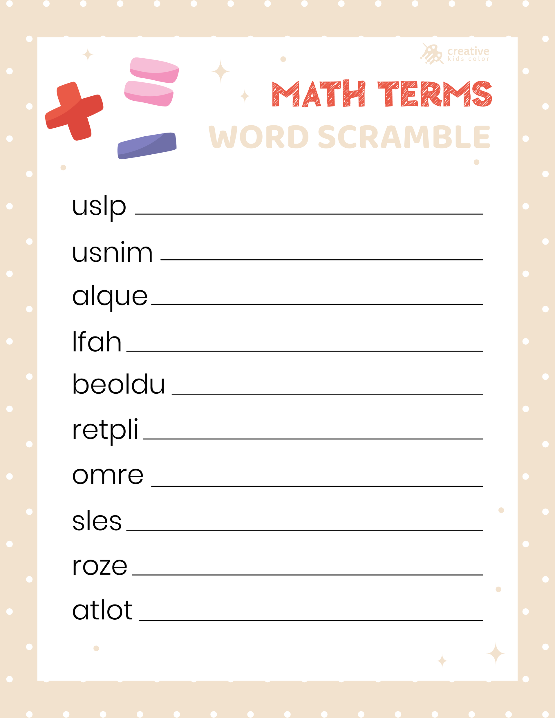 Free printable Math Terms Word Scramble for learners who enjoy logical challenges.