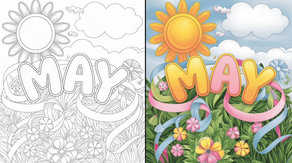 May Coloring Page Cover, Left Side Black And White, Right Side Colored In A Fun, Nature-Filled Scene.