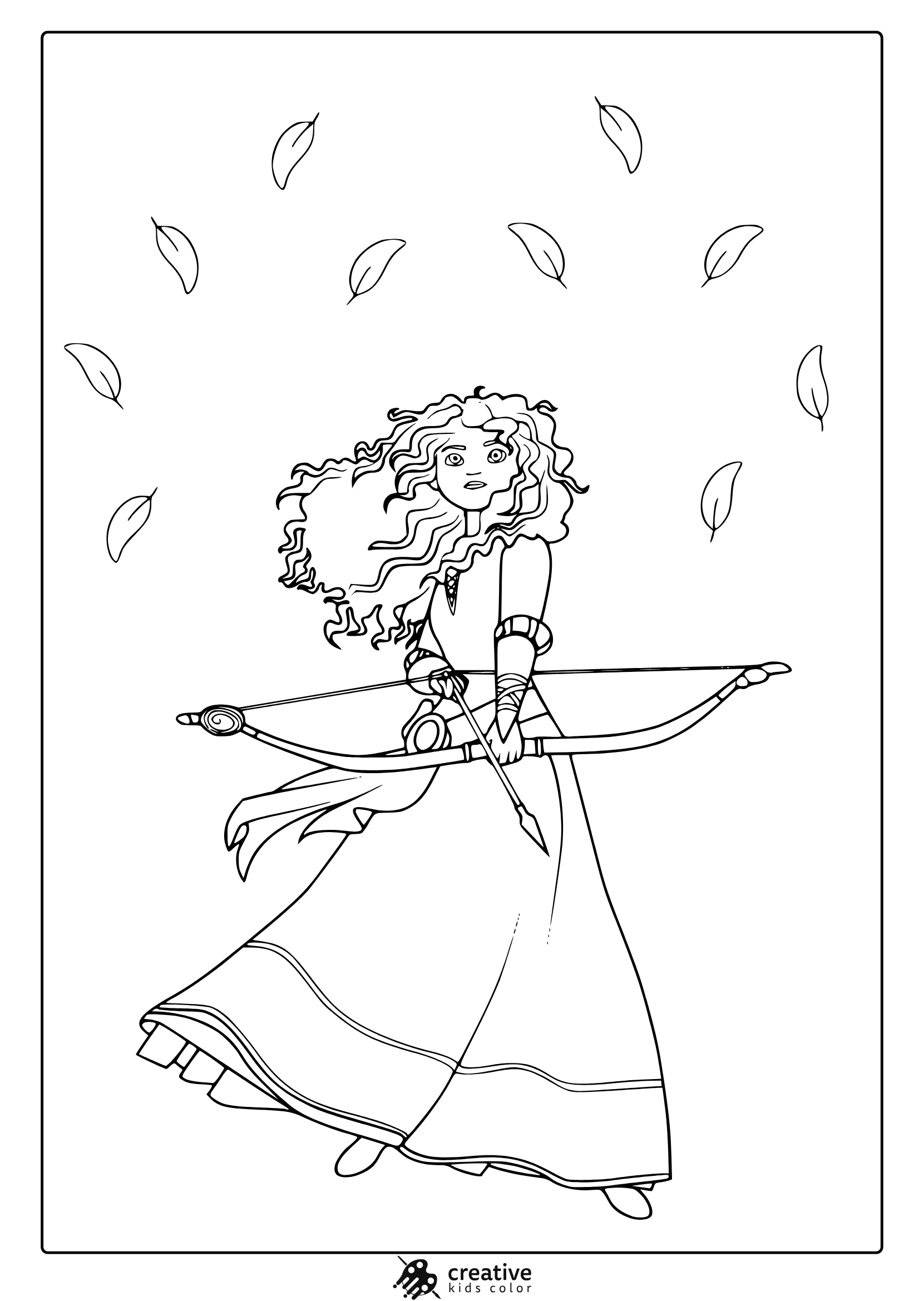 Coloring Page With Merida Holding A Bow, Wearing A Layered Dress And Surrounded By Falling Leaves.