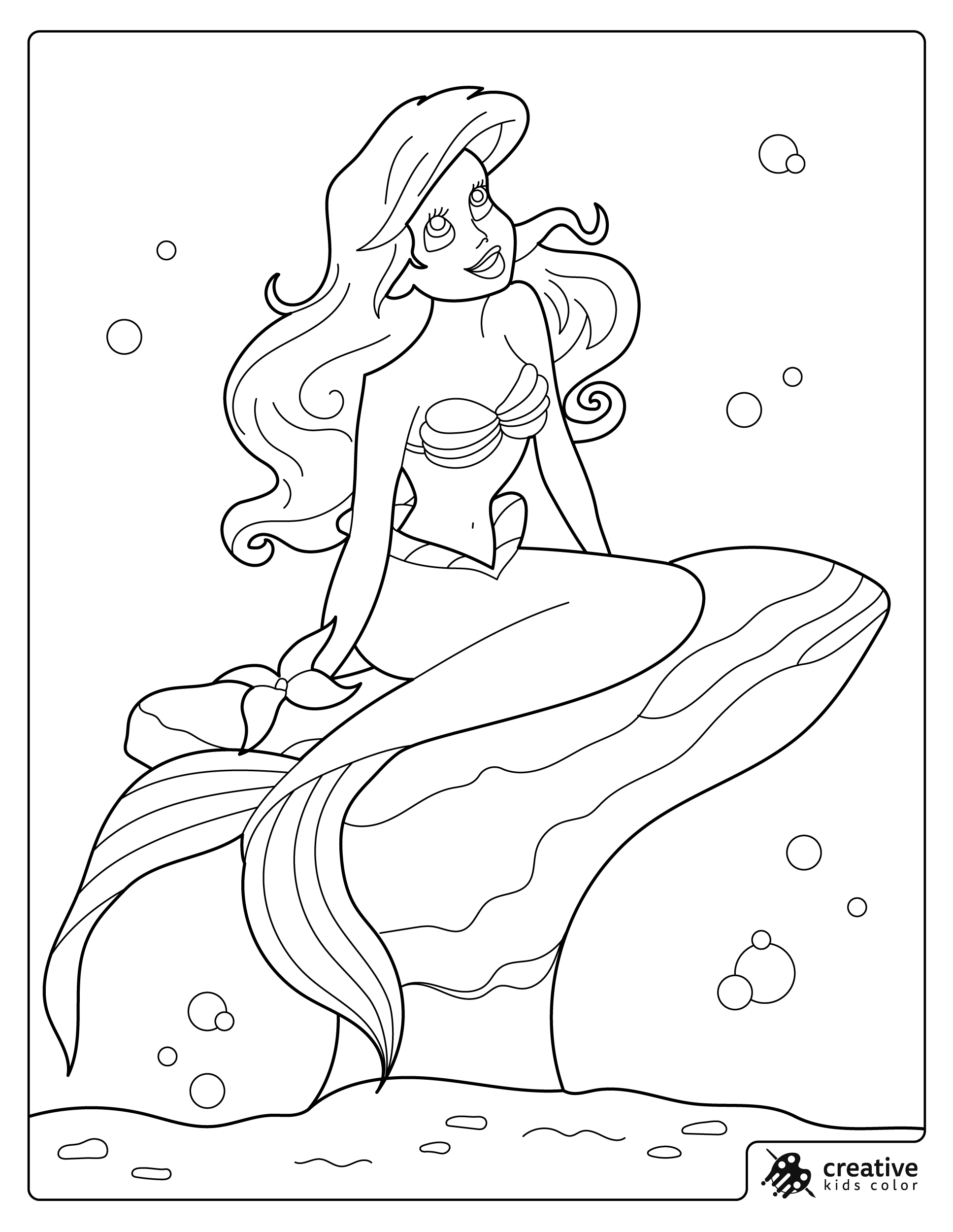 Mermaid Coloring Page Featuring A Beautiful Mermaid Sitting On A Rock With Bubbles.