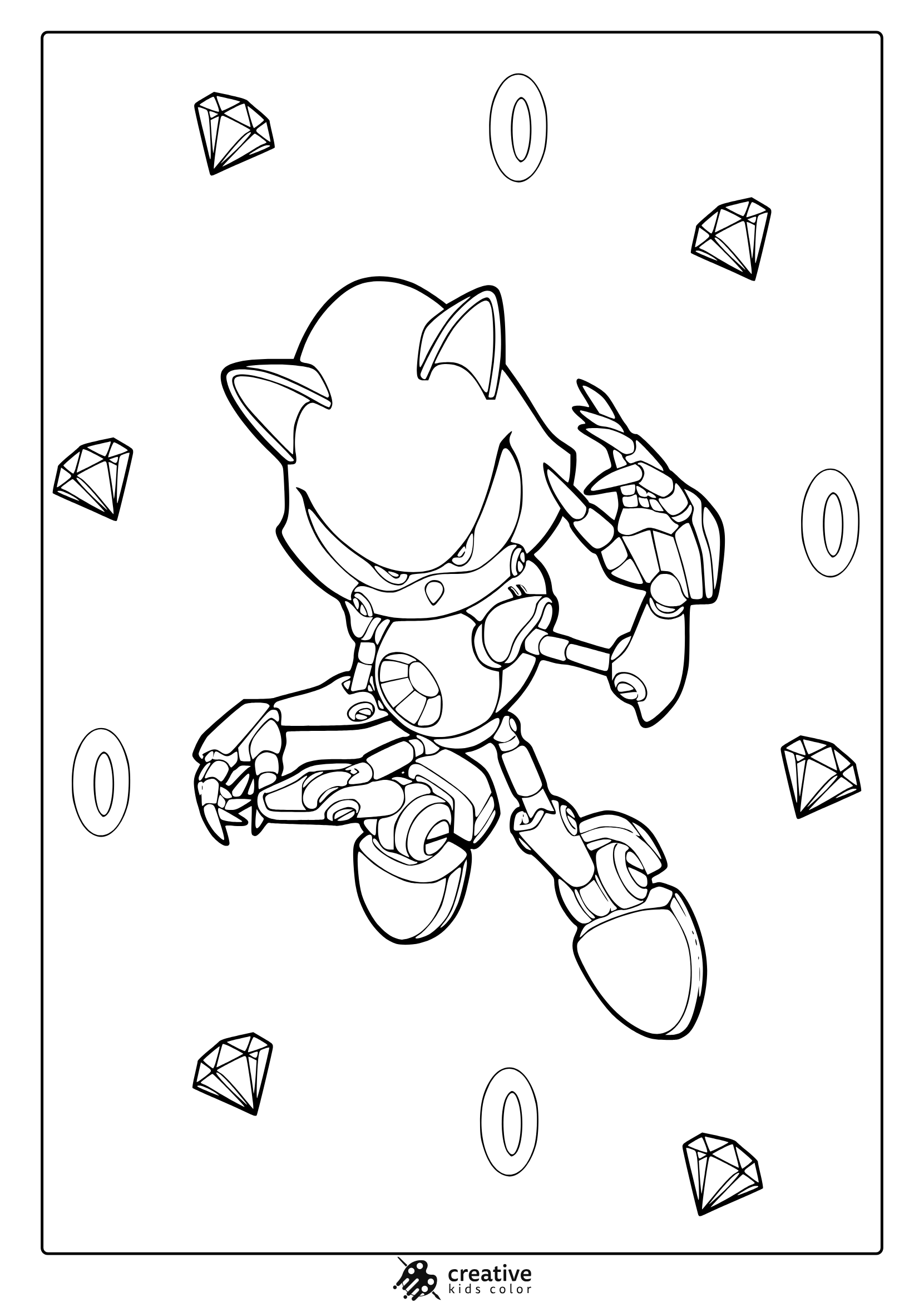 Coloring Page With Metal Sonic In A Dynamic Stance And Tech Inspired Background.