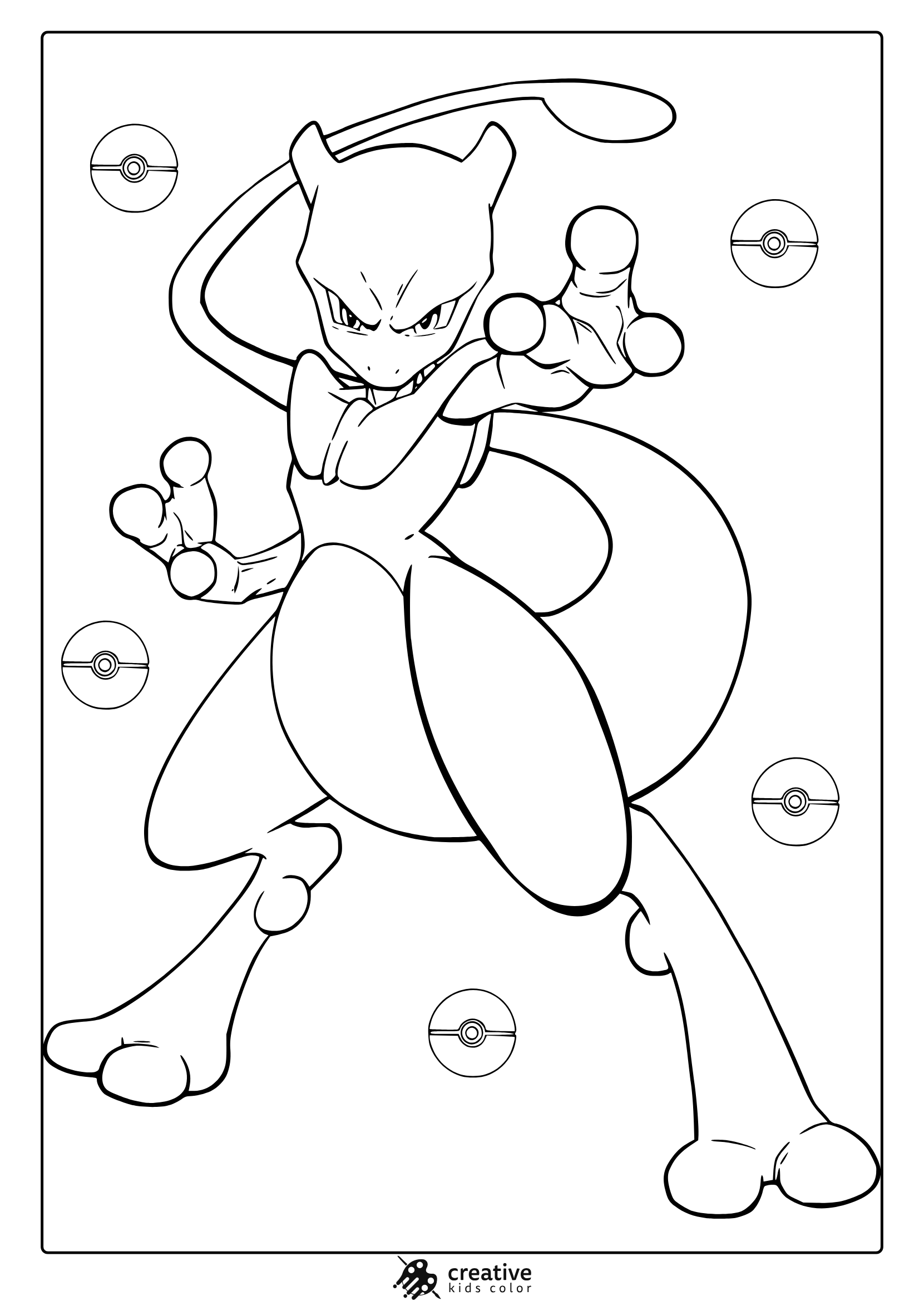 Mewtwo With Bold Features And Poké Ball Accents In A Dynamic Pokémon Coloring Page.