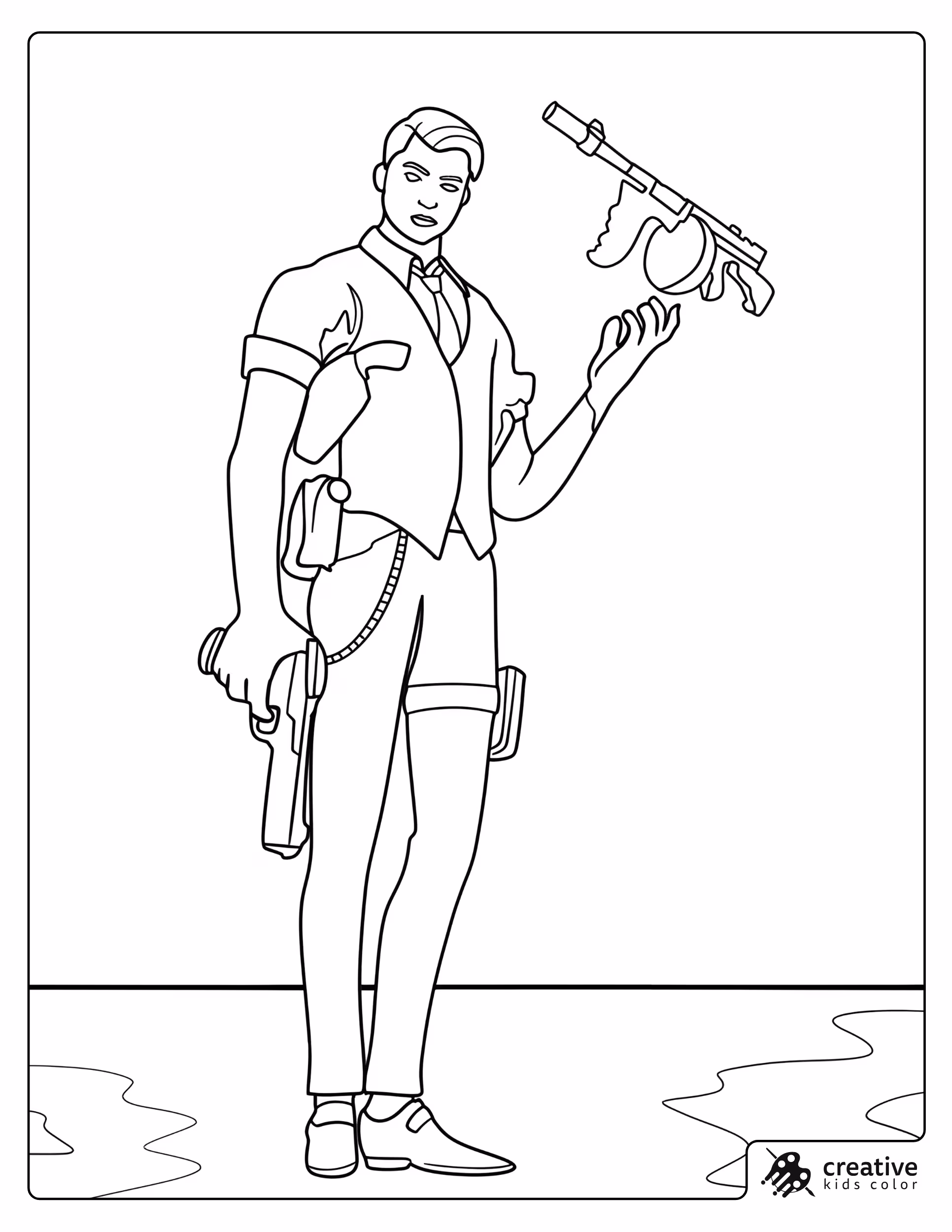 Midas From Fortnite Coloring Page With Suit Vest Tie And Two Pistols