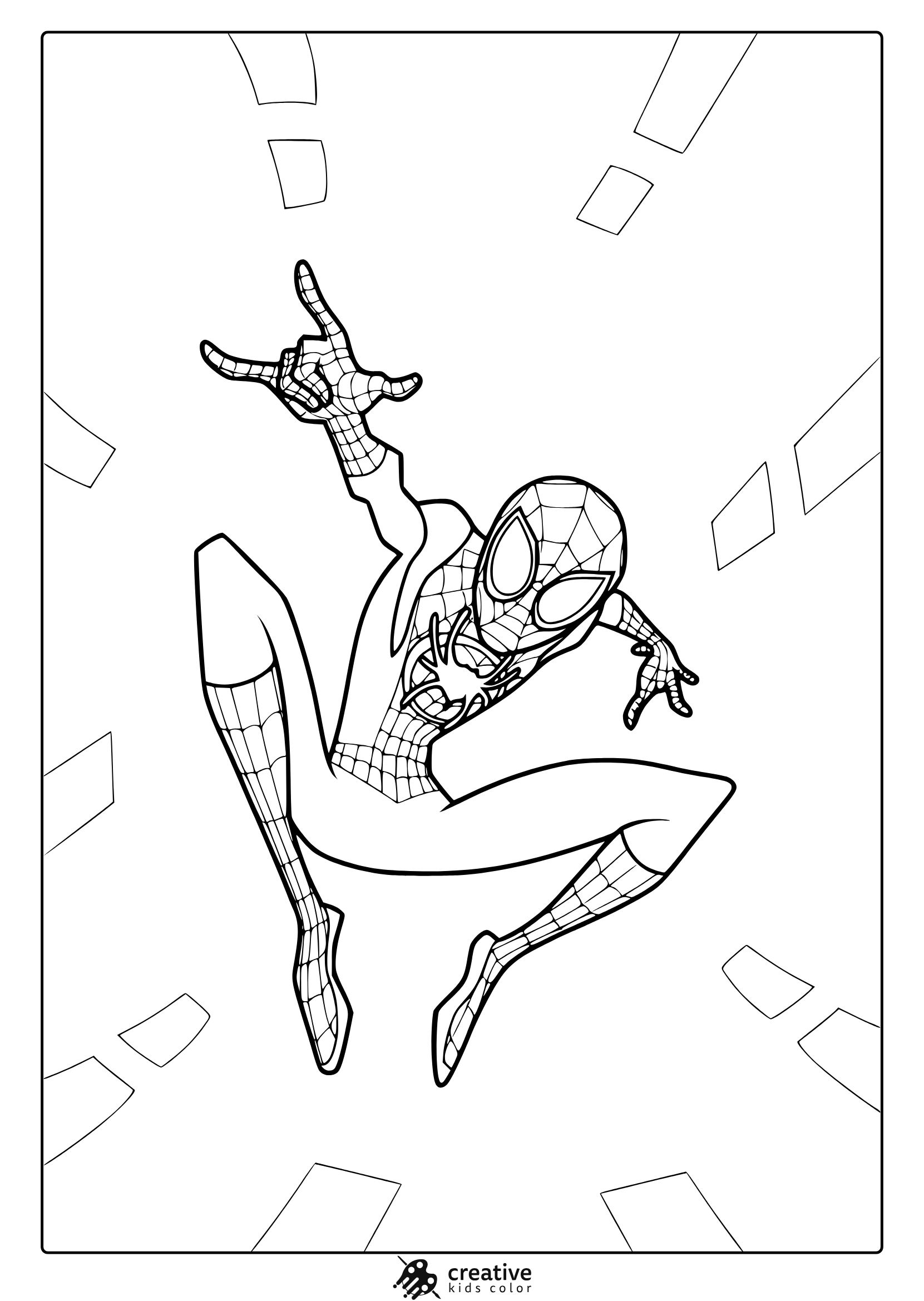 Miles Morales Coloring Page With Jumping Pose, And Signature Web-Suit.