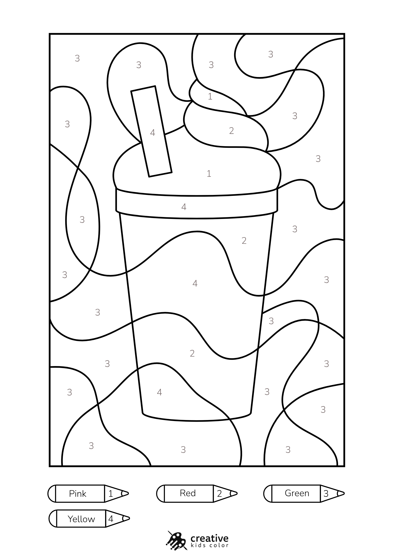 Milkshake Color By Number Coloring Page Showing A Tall Glass Shake With Whipped Top And Striped Straw.