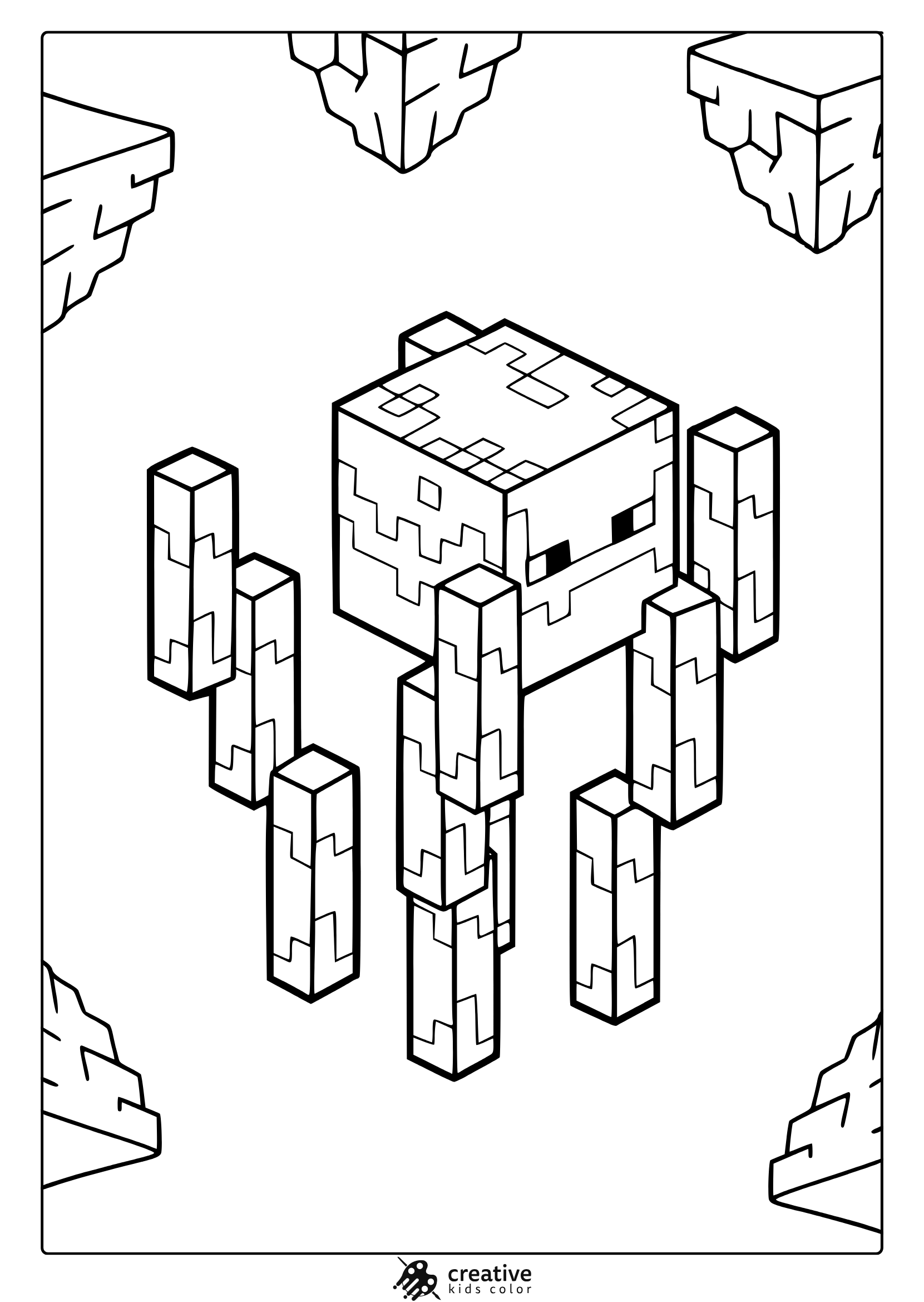 Minecraft Blaze Coloring Page With Blocky Character, Cubic Pillars, And Geometric Cliff Background For Coloring.