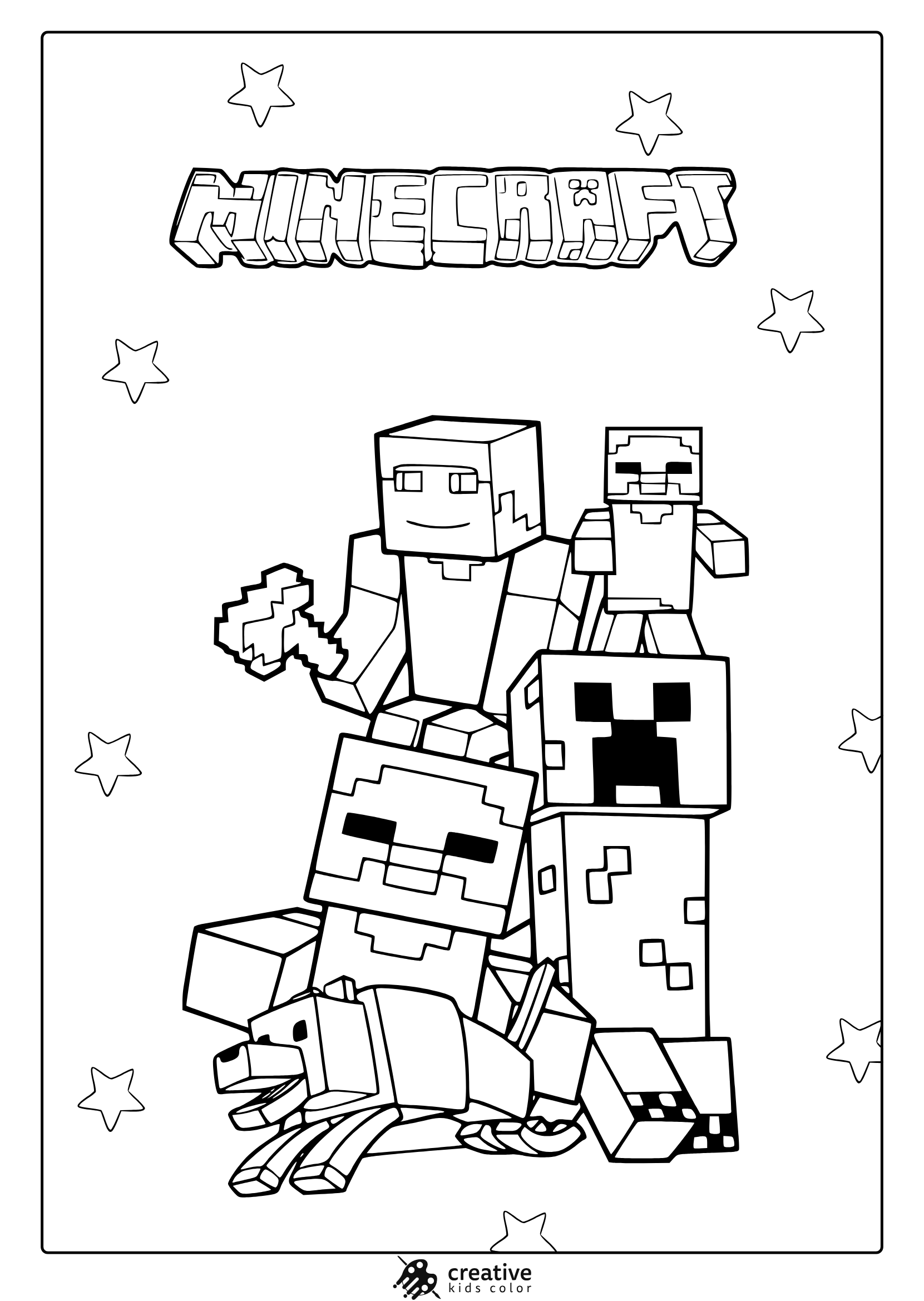 Minecraft Characters Coloring Page With Player, Creeper, And Starry Background Drawn In Bold Minecraft Style.