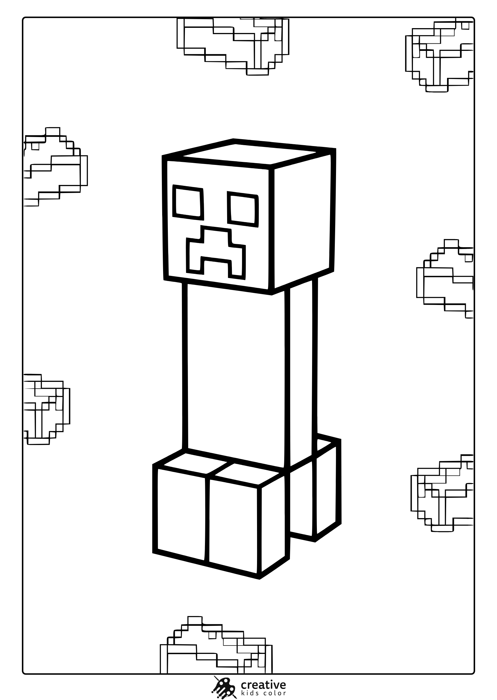 Minecraft Creeper Coloring Page With Pixelated Hearts In A Blocky, Minimalist Style Ready For Coloring Fun.