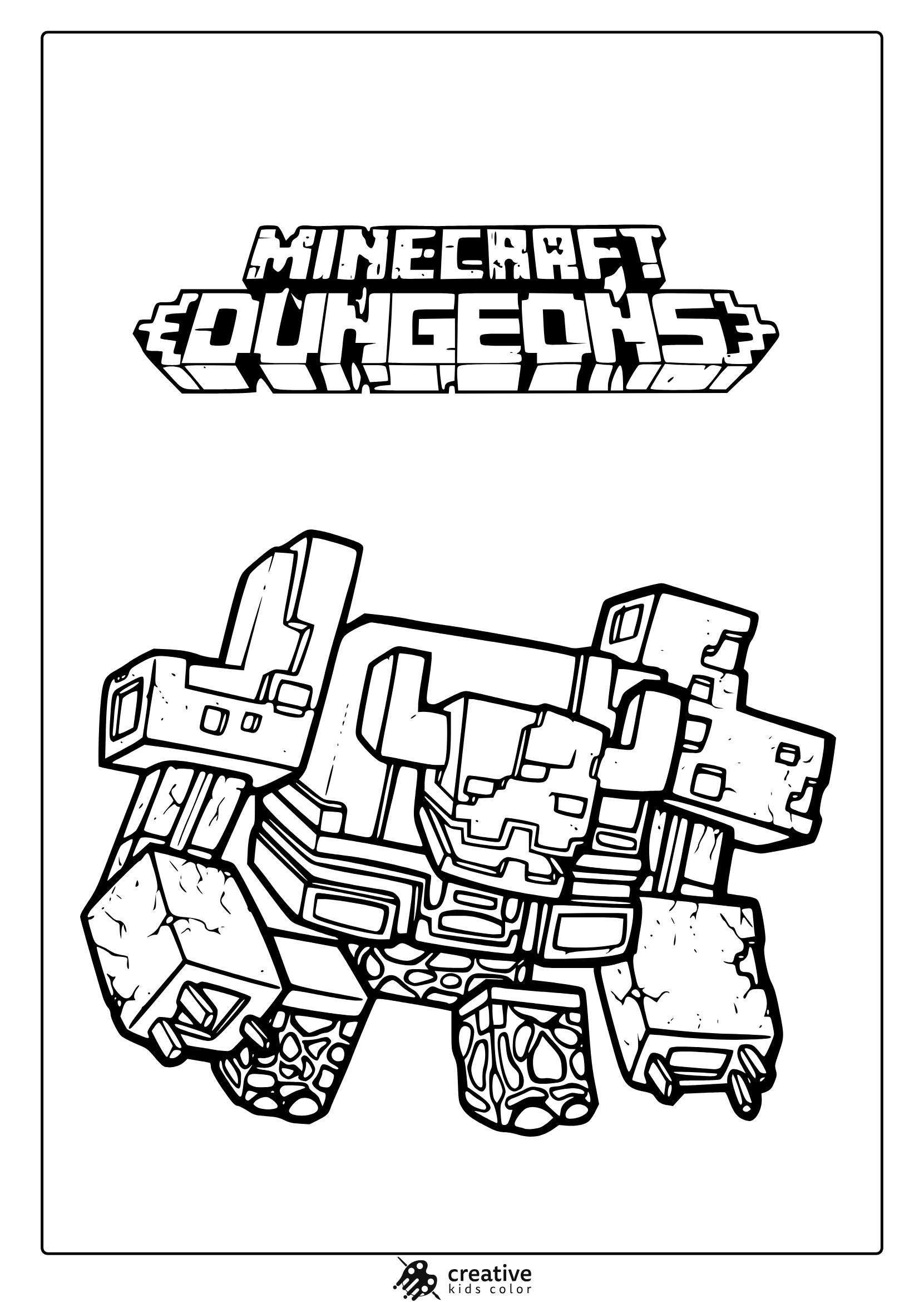 Minecraft Dungeons Character Coloring Page With Blocky Textures And Pixelated &Quot;Minecraft Dungeons&Quot; Title.