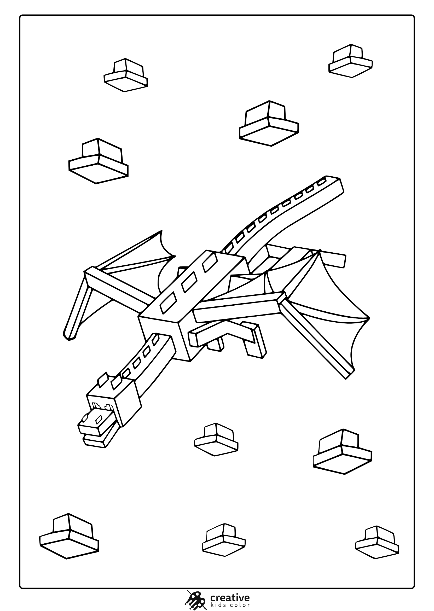 Minecraft Ender Dragon Coloring Page With Geometric, Mechanical Details And Floating Cubes In A Clean Art Style.