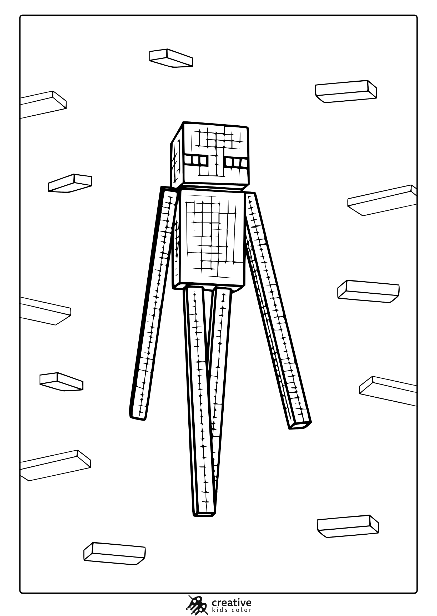 Minecraft Enderman Coloring Page With Blocky Head, Grid Patterns, And Floating Rectangular Blocks To Color.