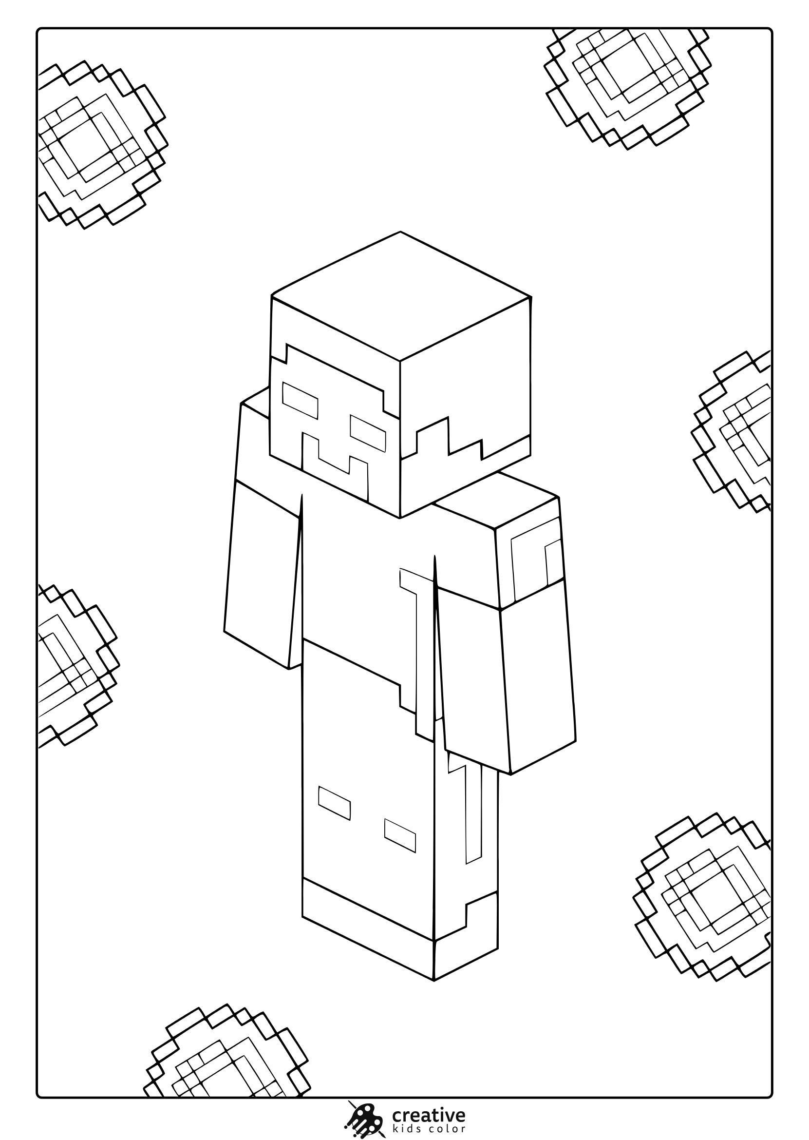 Minecraft Herobrine Coloring Page With Isometric Pixelated Snowflake Designs For Creative Coloring.