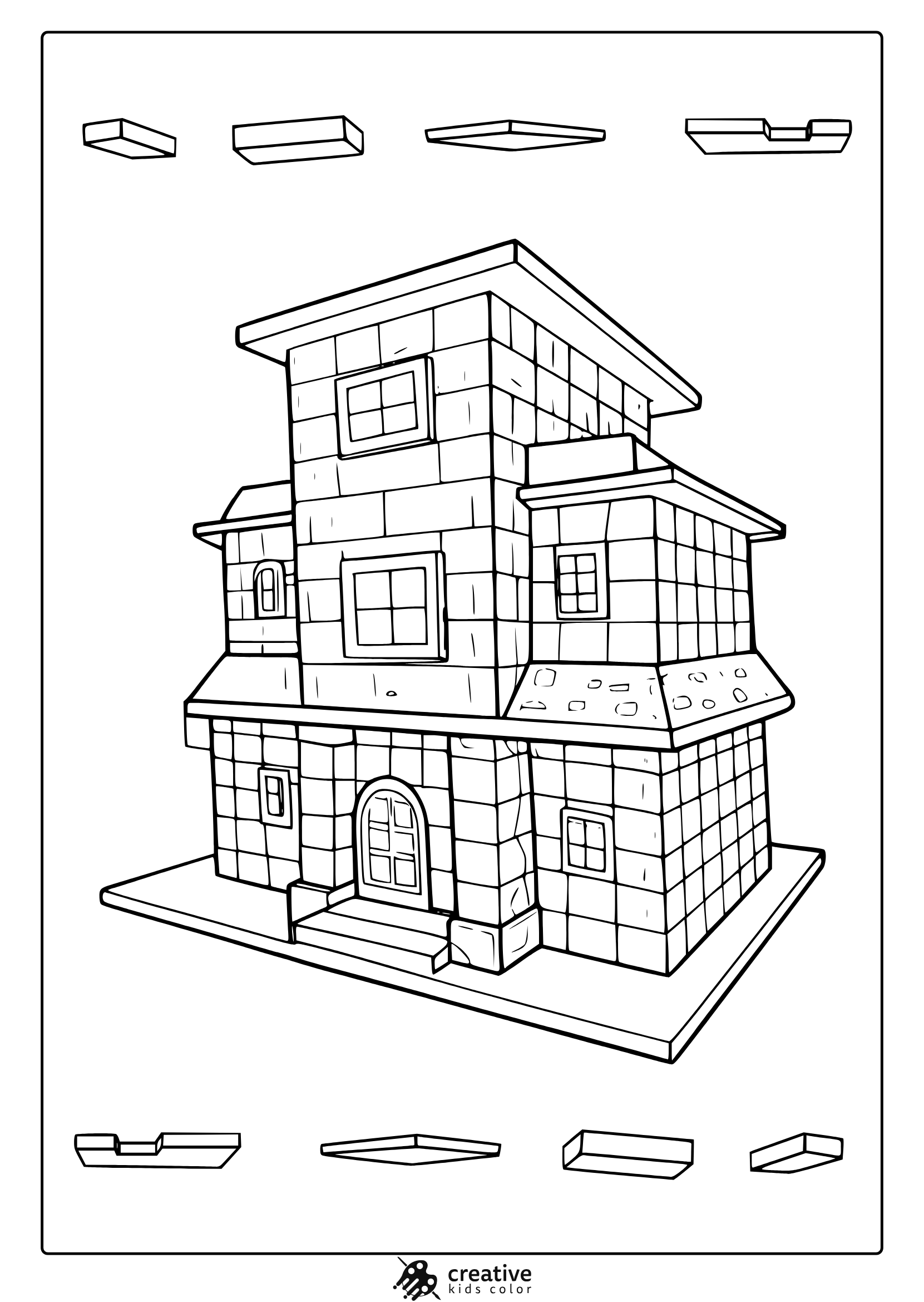 Minecraft Mansion Coloring Page With A Two Story Stone House And Tower In A Clean, Pixelated Art Style.