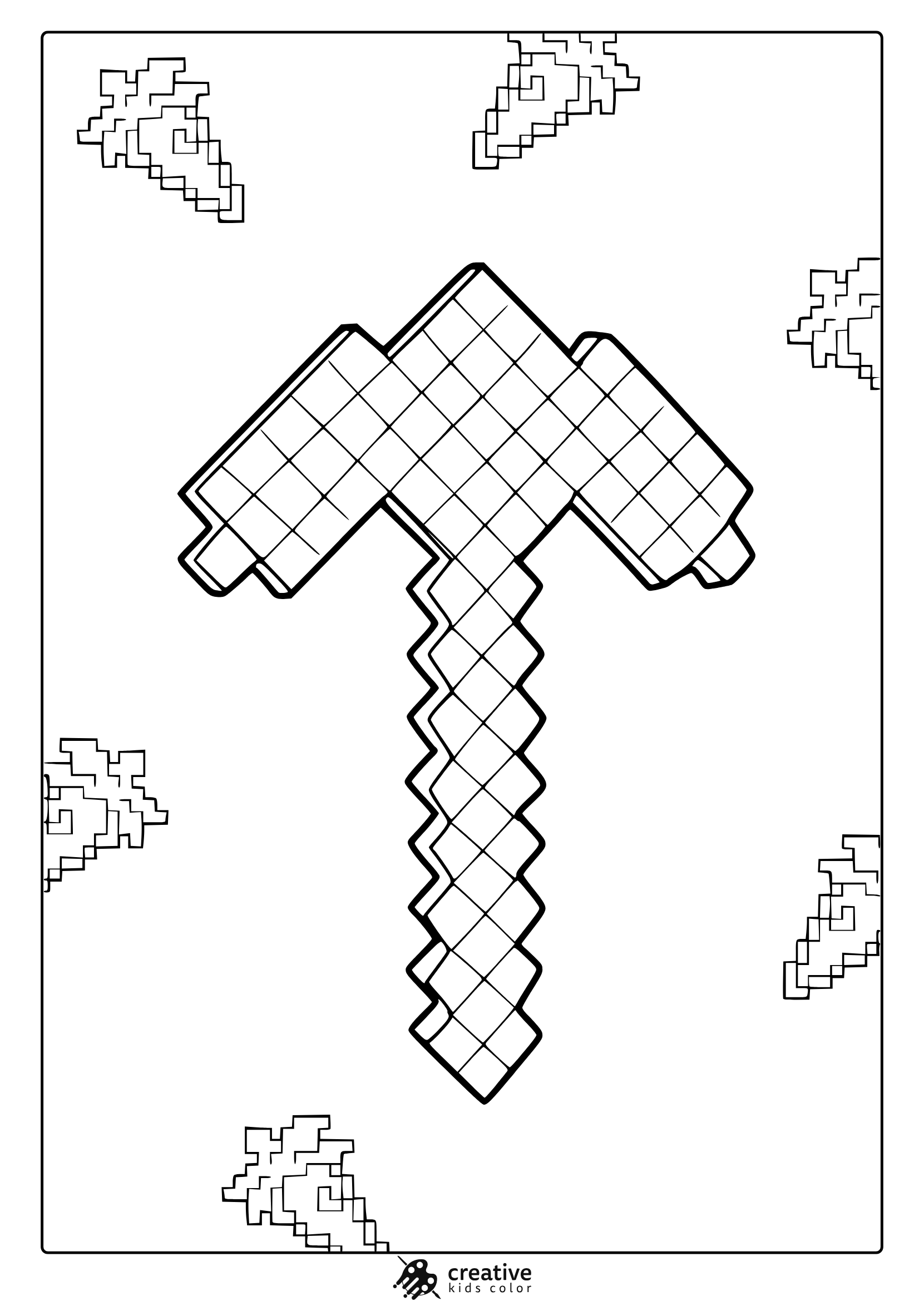 Minecraft Pickaxe Coloring Page With Pixelated Hammer And Floating Arrows In A Minimalist Blocky Style.