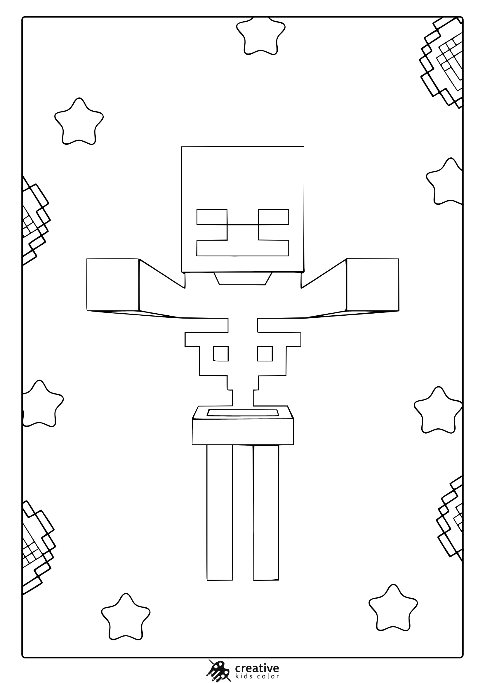 Minecraft Skeleton Coloring Page Featuring A Top Down Pixelated Character With Floating Stars And Blocks.
