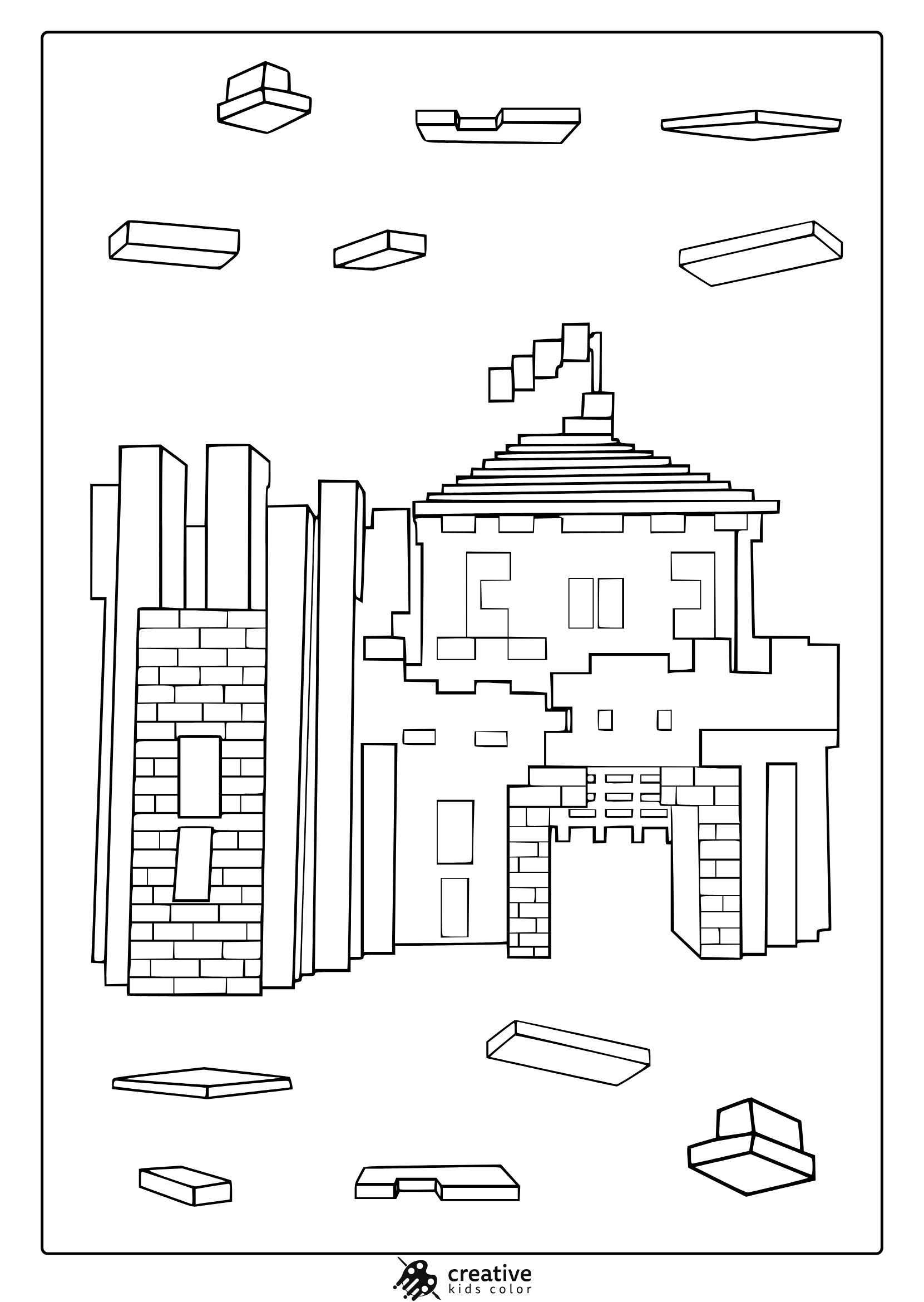 Minecraft Small Castle Coloring Page Featuring Battlements, A Central Tower, And Pixelated Background Platforms.