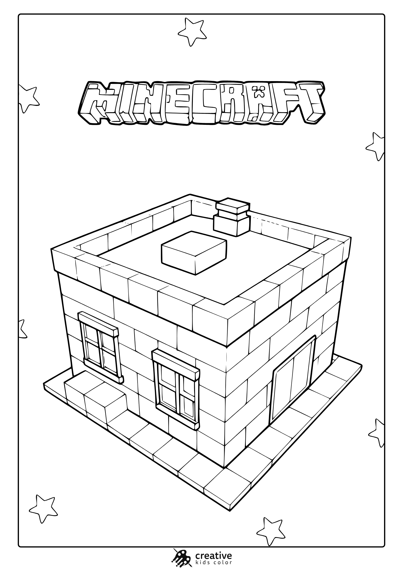 Minecraft Small House Coloring Page With Blocky Structure, Windows, And Star Decorations In A Pixelated Style.