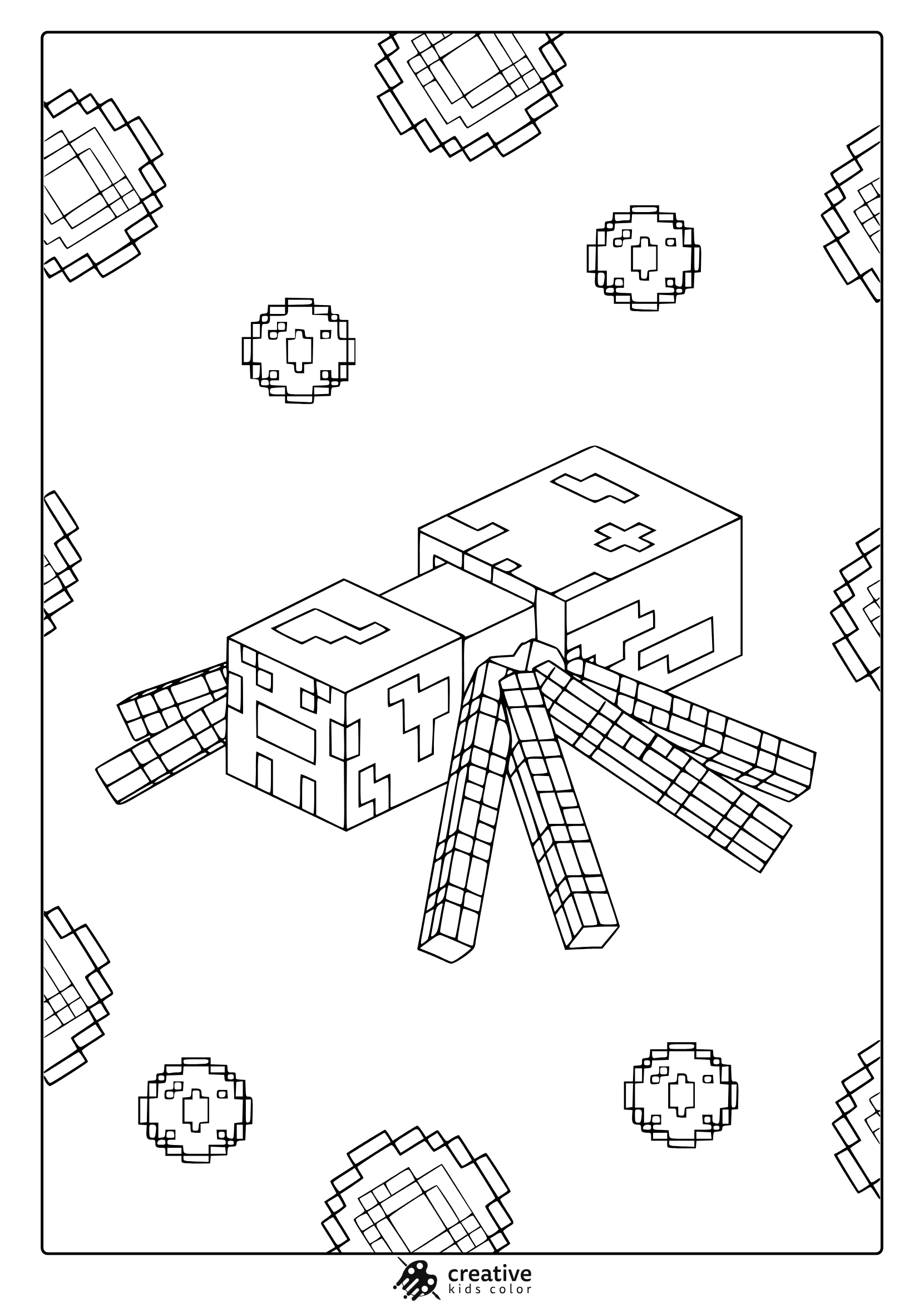 Minecraft Spider Coloring Page With Geometric Zombie Figure And Floating Shapes In Clean Minecraft Art Style.