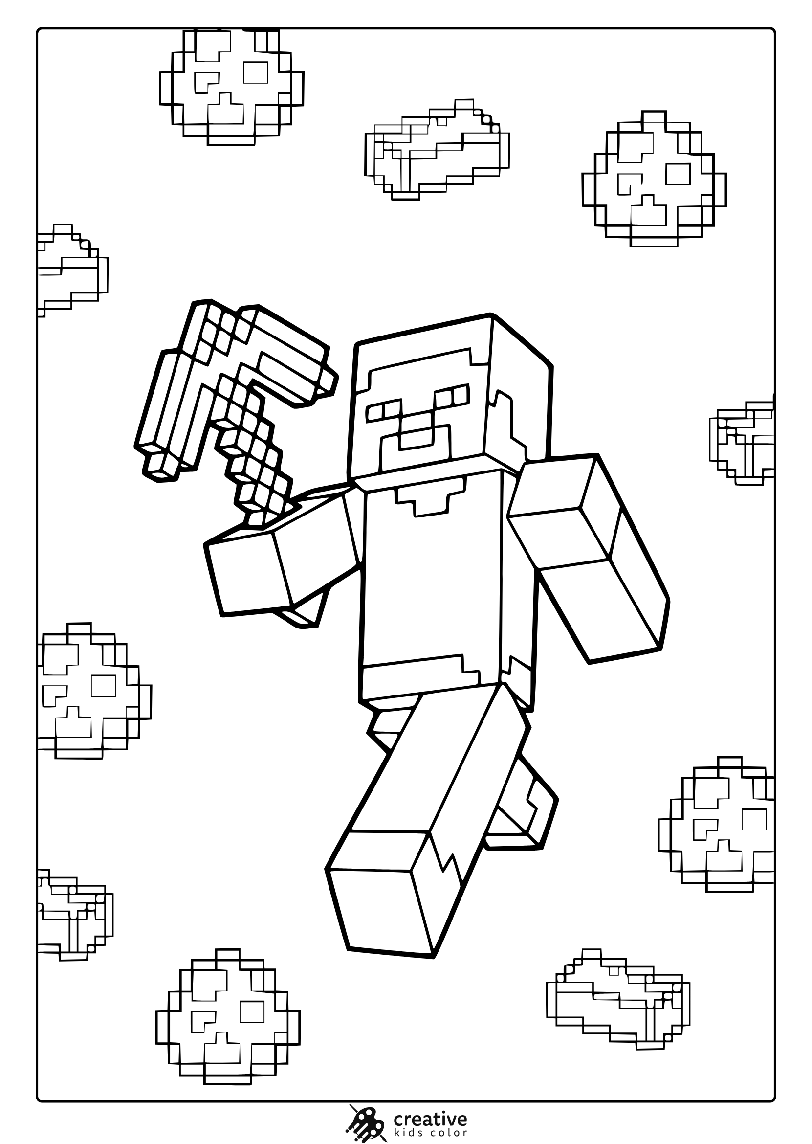 Minecraft Steve Coloring Page Featuring Steve Holding A Pixelated Gun, Ready For Creative Coloring Fun.