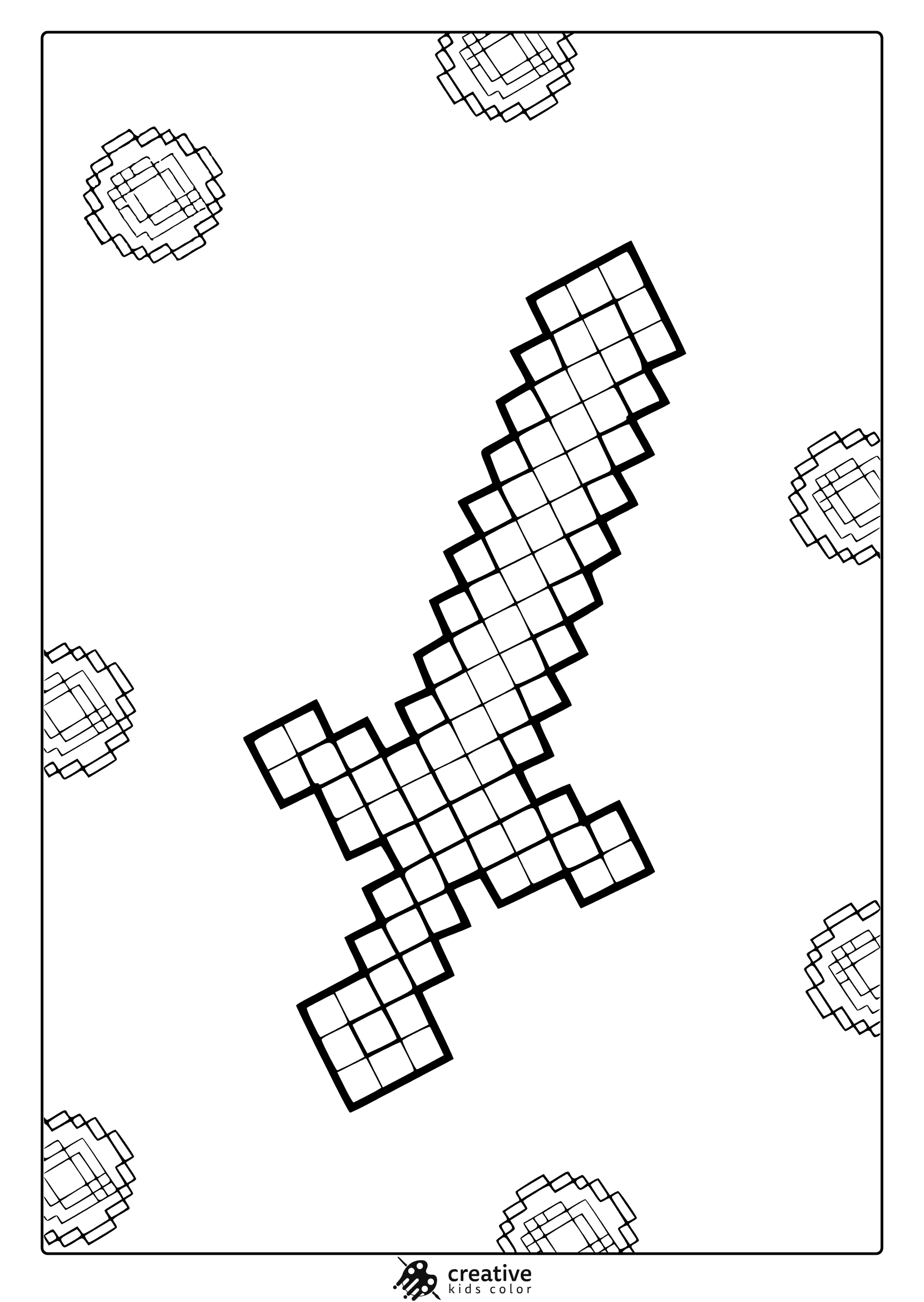 Minecraft Sword Coloring Page Featuring A Blocky Sword And Scattered Pixelated Diamond Shapes Ready To Color.