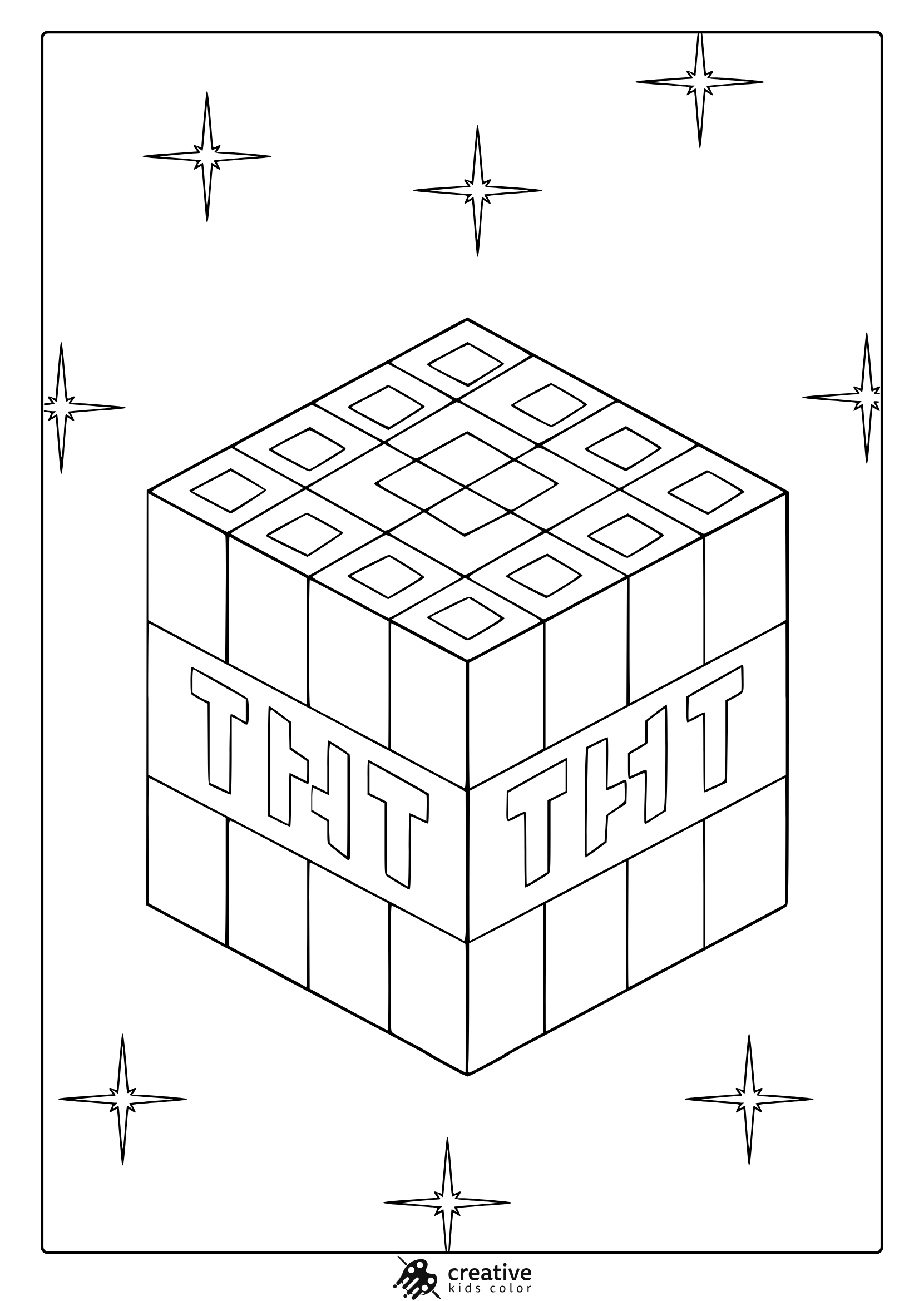 Minecraft Tnt Coloring Page With Cubic Block Design And Pixelated Stars Arranged Around A White Background.