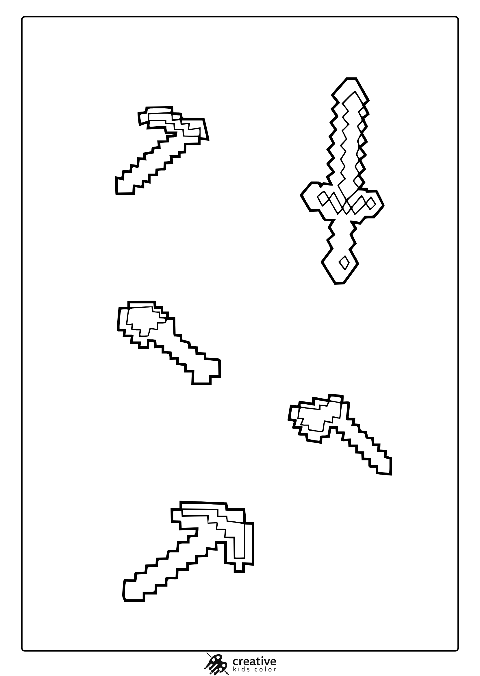 Minecraft Tools Coloring Page Featuring Pixelated Swords Arranged In A Bold, Monochromatic Grid Pattern.