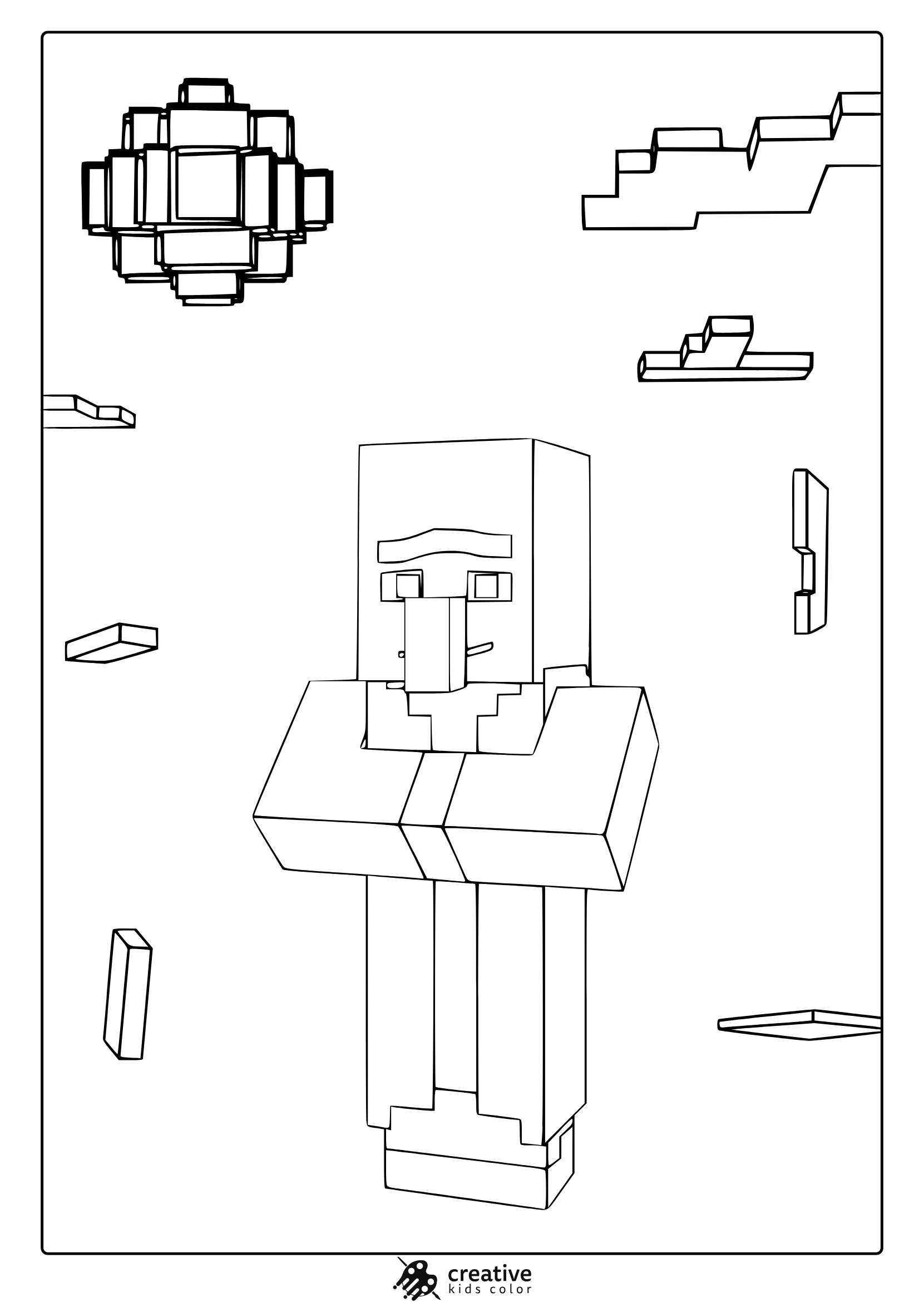 Minecraft Villager Coloring Page With Blocky Figure And Floating Cubes In A Clean, Bold Outline Style.