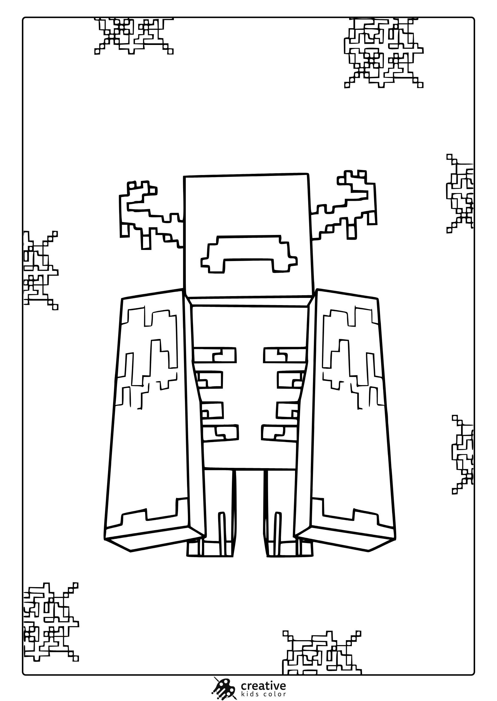 Minecraft Warden Coloring Page With A Pixelated Cape Design And Scattered Snowflake Patterns For Coloring.