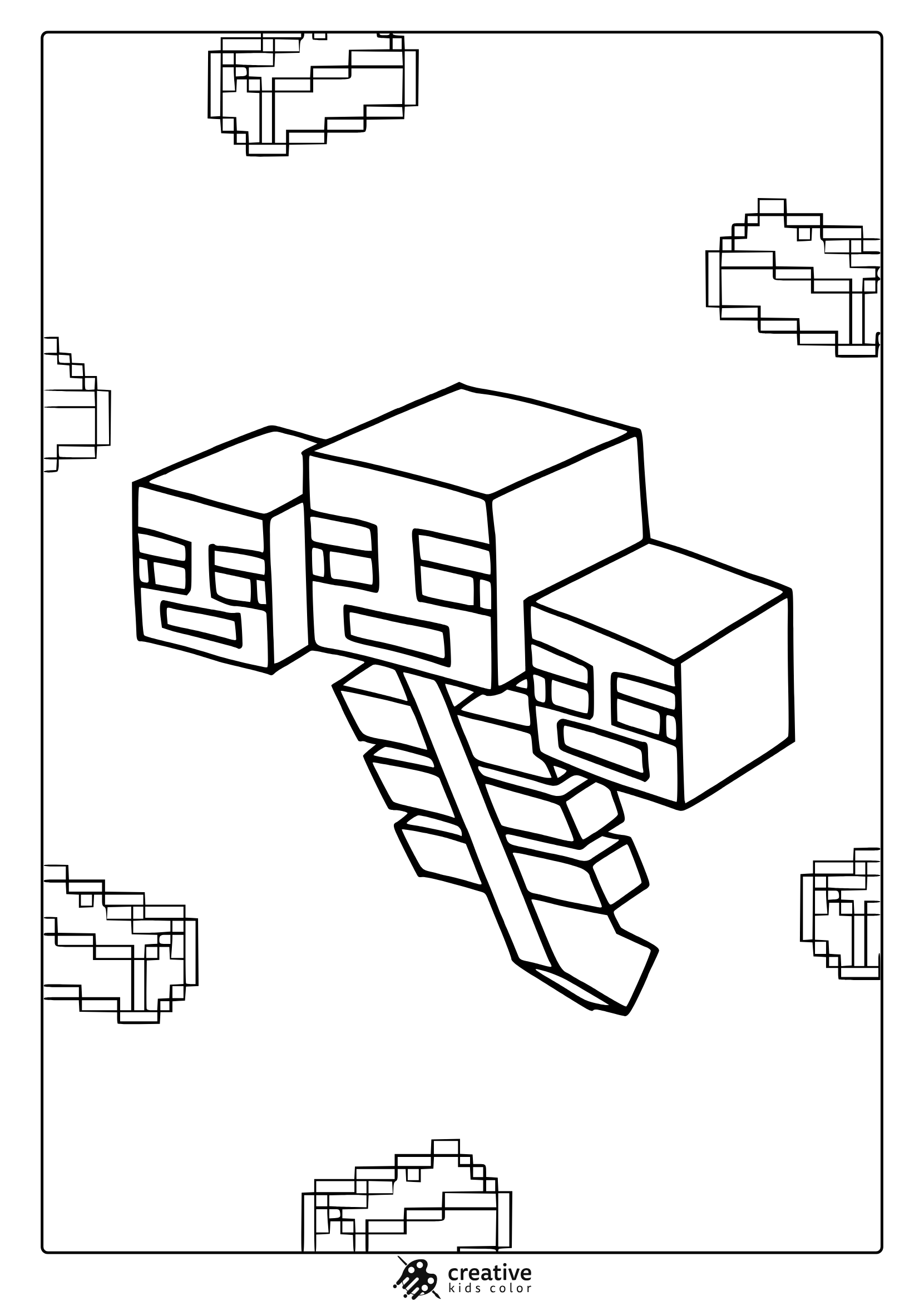 Minecraft Wither Coloring Page With Cubic Blocks, Stairs, And Scattered Pixelated Heart Icons For Coloring.