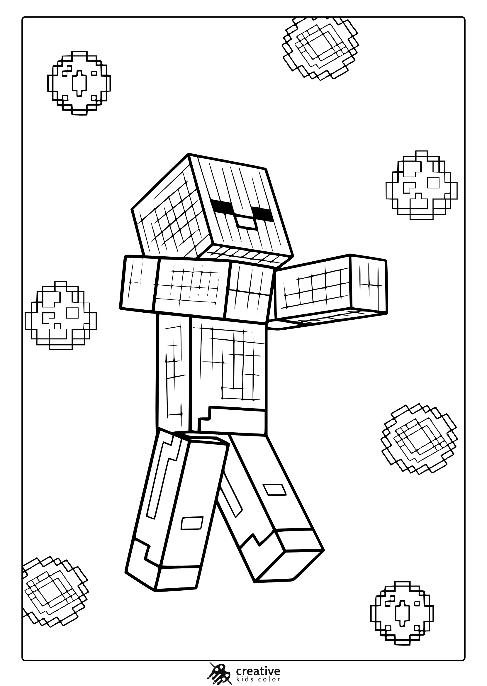 Minecraft Zombie Coloring Page Showing A Blocky Figure Walking With Pixelated Circle Backgrounds For Coloring Fun.