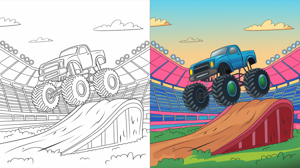 Monster Truck Coloring Page Cover, Left Side Is Colored In Black And White, Right Side Is Colored With A Fun, Nature-Filled Scene.