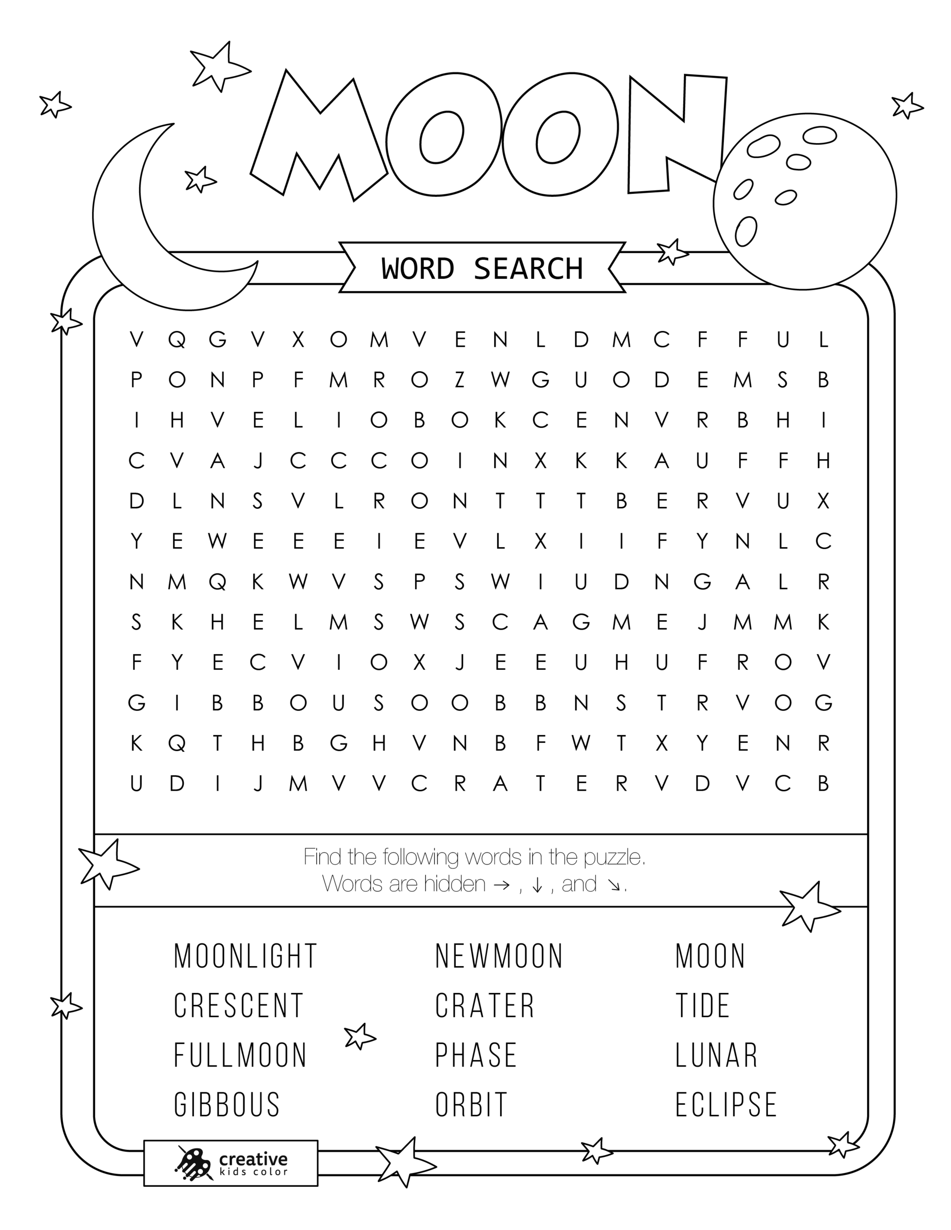 Free printable Moon word search puzzle with 12 words from moon to crater.