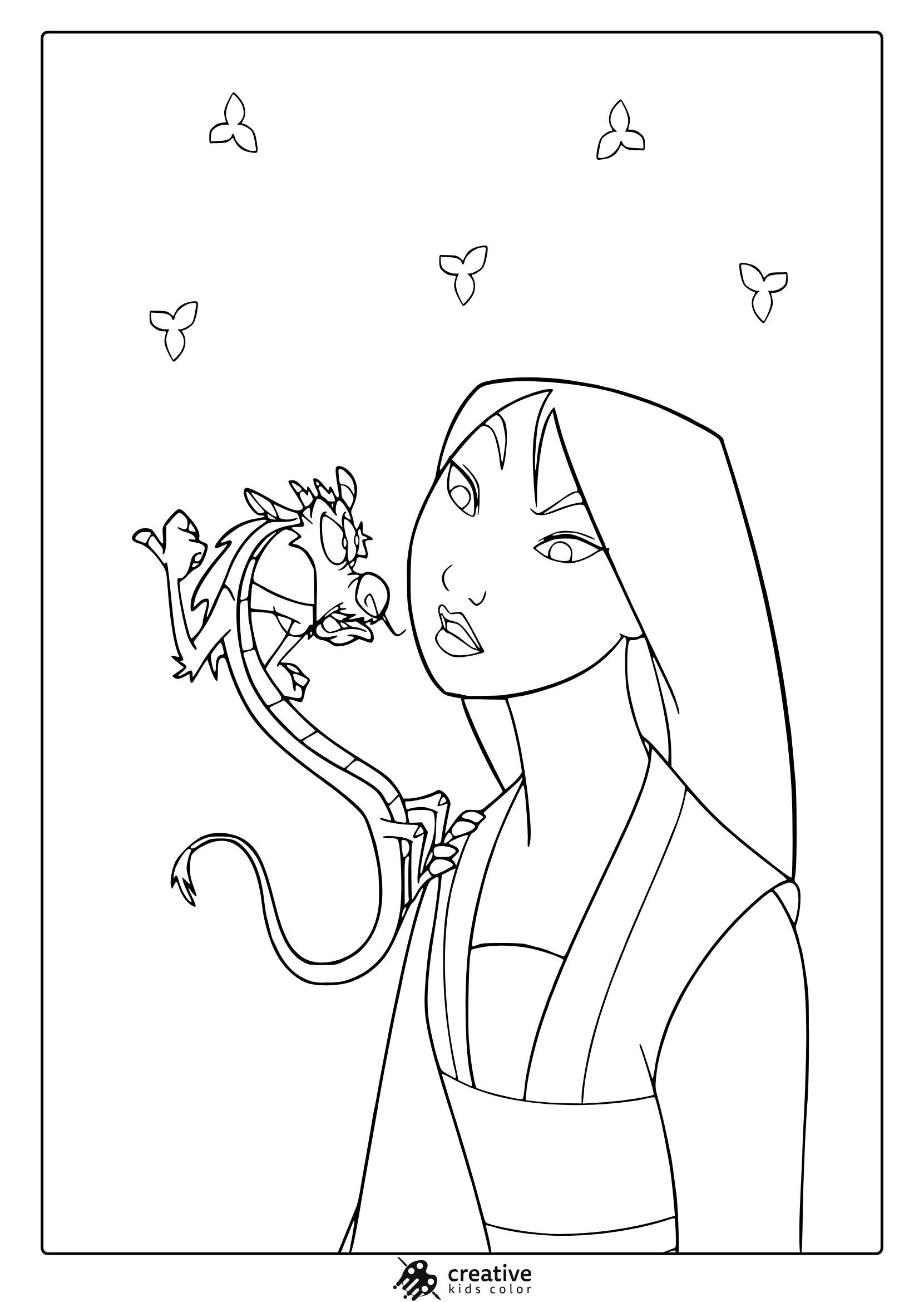Coloring Page Of Mulan In Profile With A Stylized Dragon And Delicate Flower Petals Overhead.