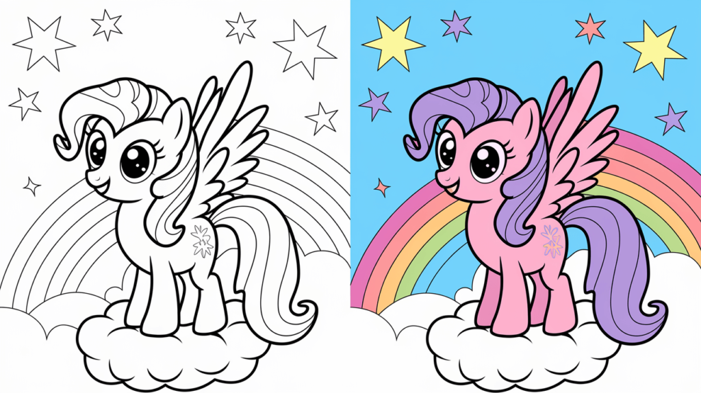 My Little Pony Coloring Page Cover, Left Side Is Black And White, Right Side Is Colored With A Fun, Nature-Filled Scene.