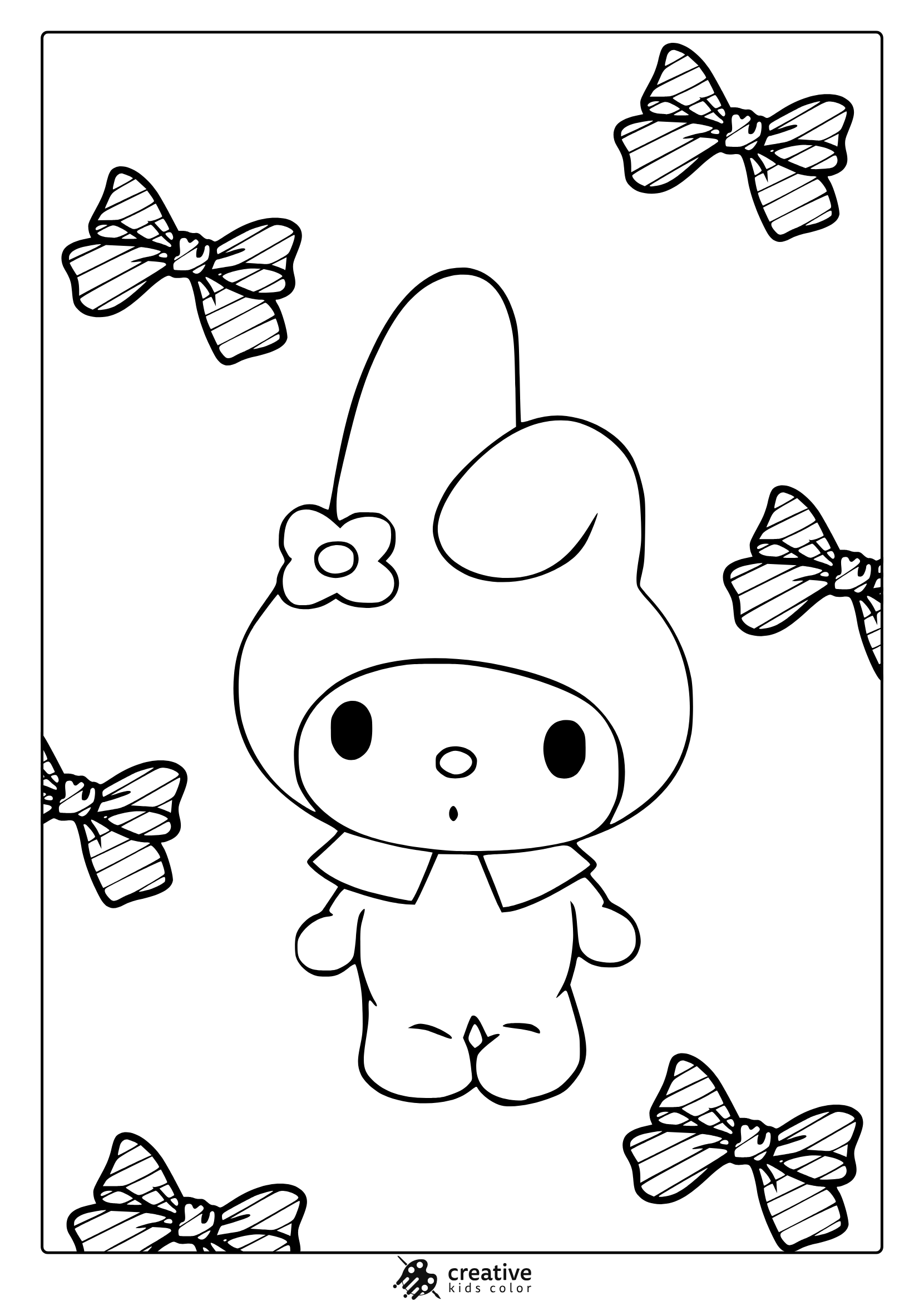 My Melody Coloring Page With Scattered Bows And Cute Rounded Features In Kawaii Style.