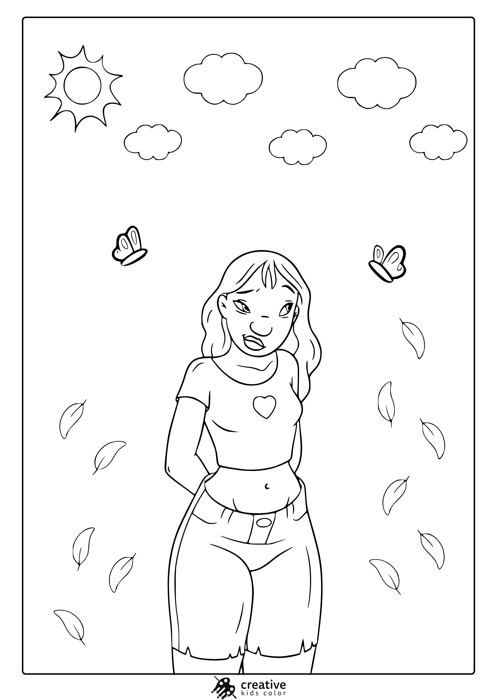 Nani Pelekai Coloring Page With Sunny Sky, Butterflies, Small Leaves, And A Cheerful Summer-Themed Design.