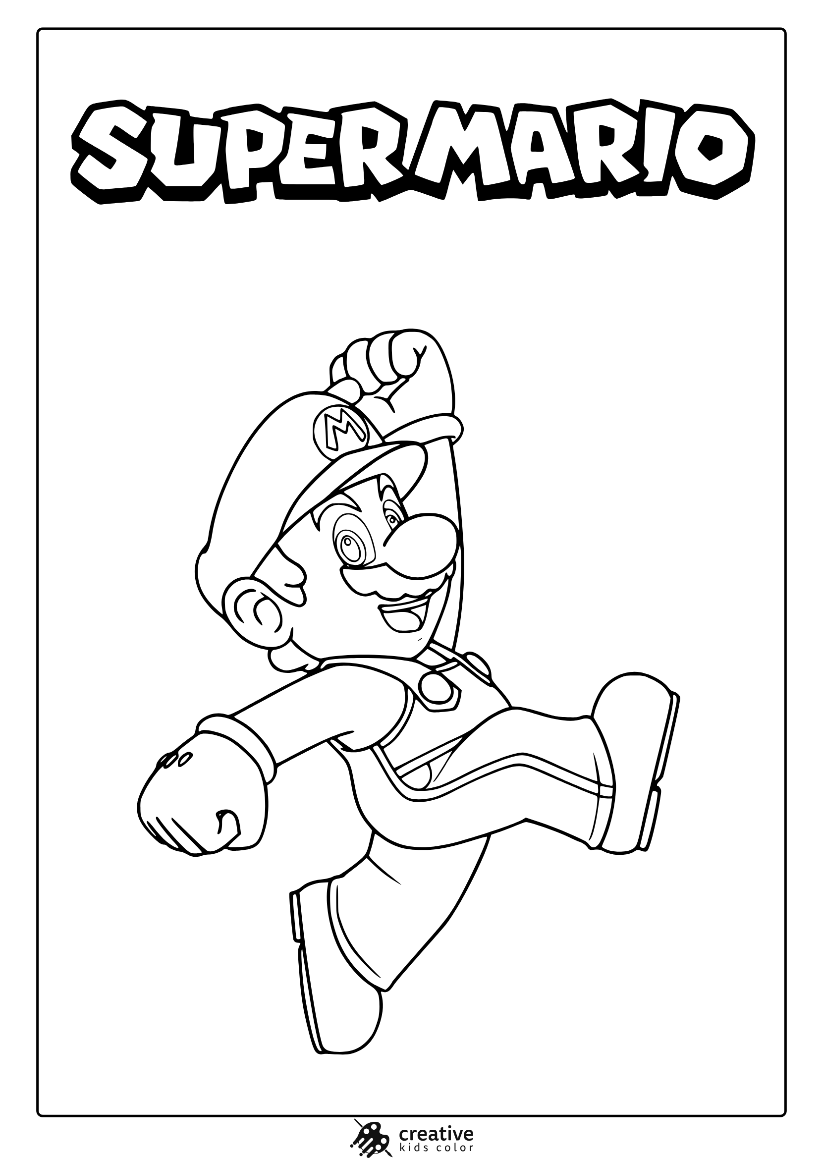 Coloring Page Of Mario In Motion With Classic Outfit And Bold Nintendo-Themed Styling.