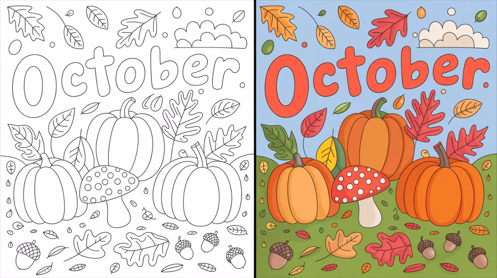 October Coloring Page Cover, Left Side Black And White, Right Side Colored In A Fun, Nature-Filled Scene.
