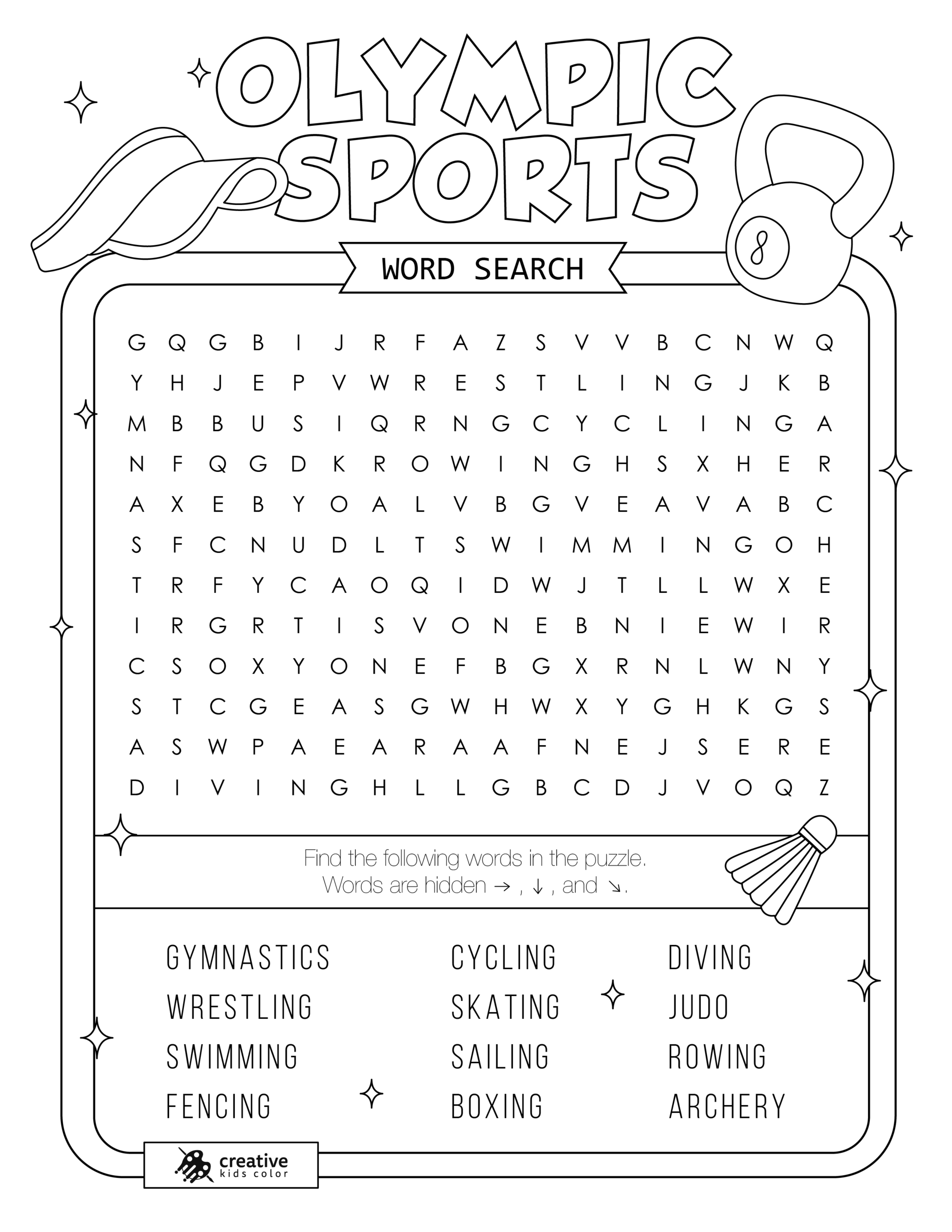 Free printable Olympic Sports word search puzzle with 12 events from swimming to fencing.
